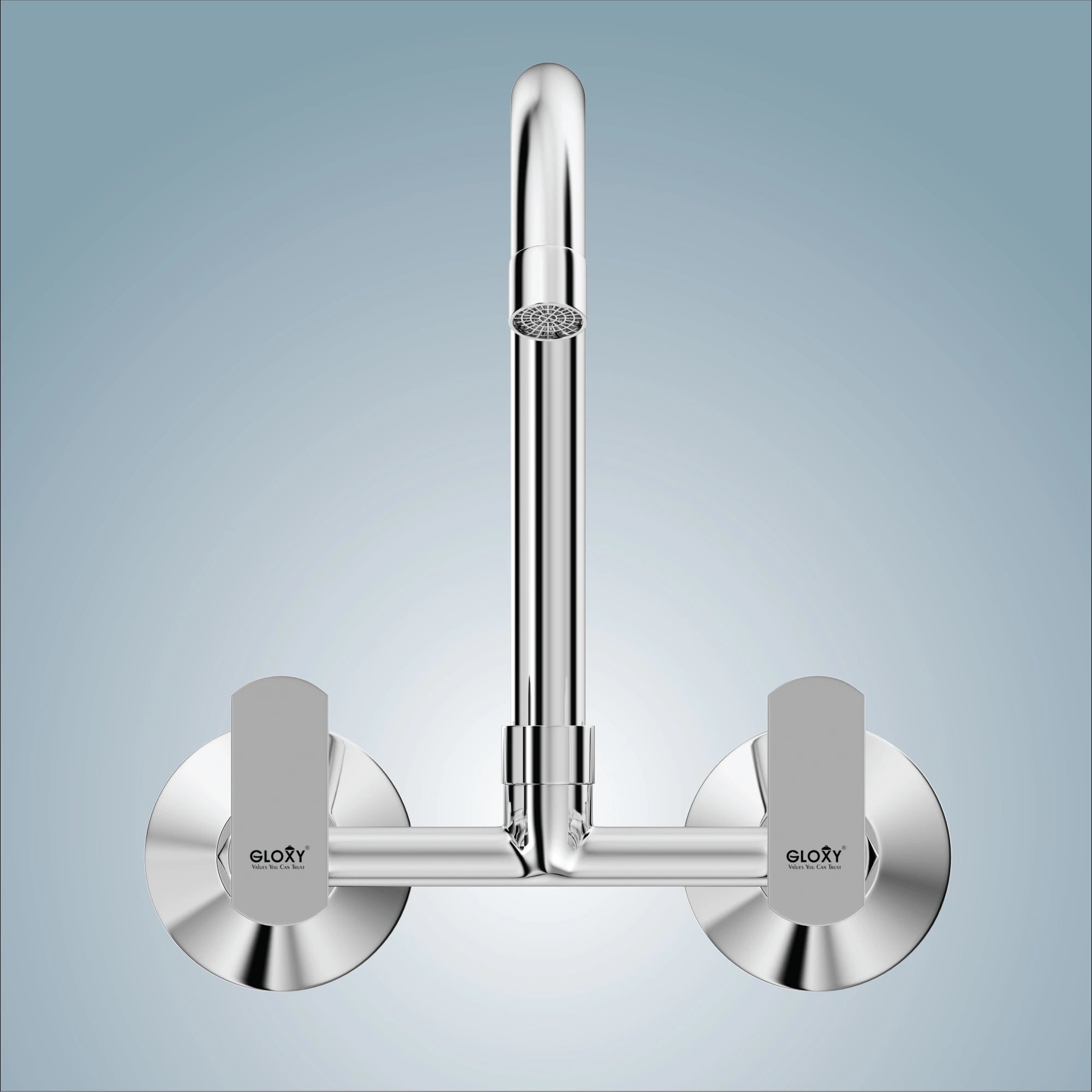 Gloxy Riva Series Double Lever Hot & Cold Water Mixer with 360° Swivel Spout Wall Mount Brass Swan Neck Faucet