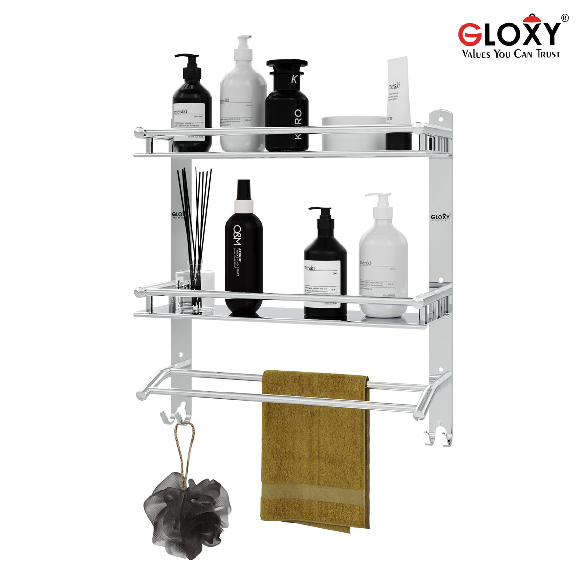 Stainless Steel Double Layer Shelf with Towel Holder (15*5*19 inch)-by GLOXY®
