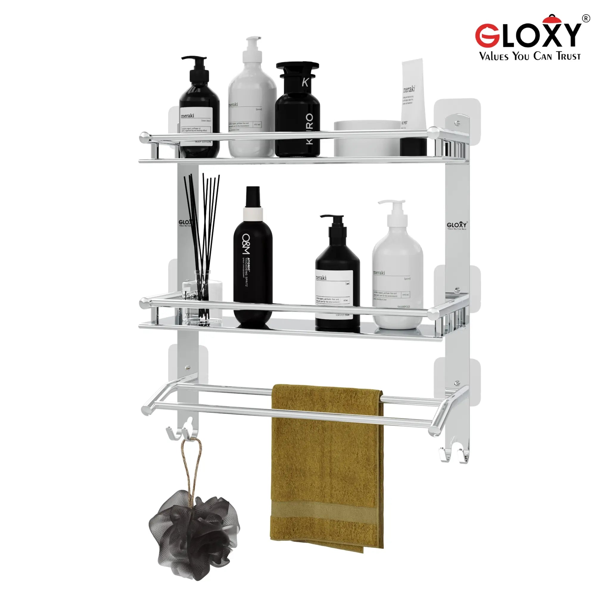 Rectangular Shape Stainless Steel Multipurpose 3 Layer Shelf Adhesive Bathroom Shelf (Silver)-by GLOXY®
