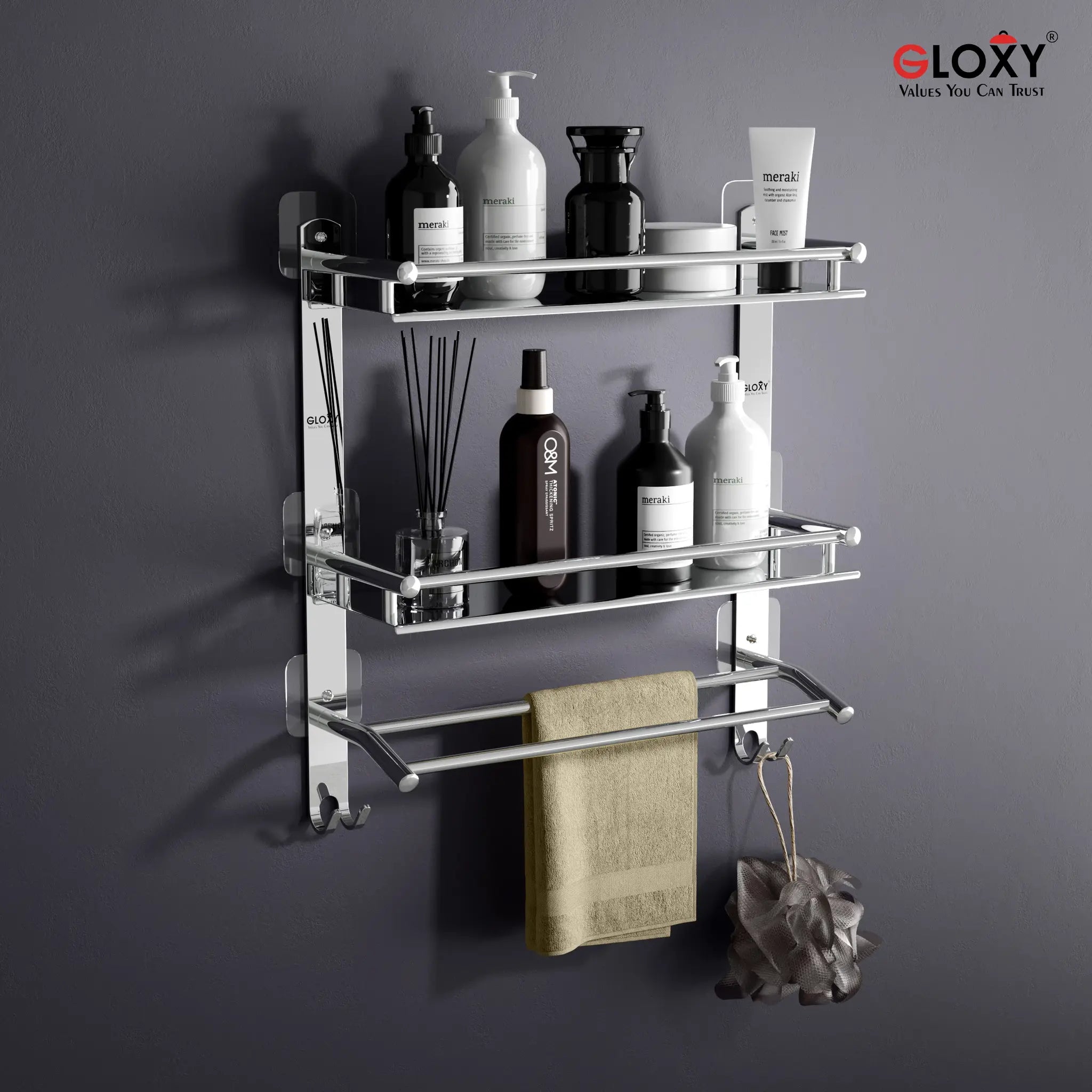 Rectangular Shape Stainless Steel Multipurpose 3 Layer Shelf Adhesive Bathroom Shelf (Silver)-by GLOXY®