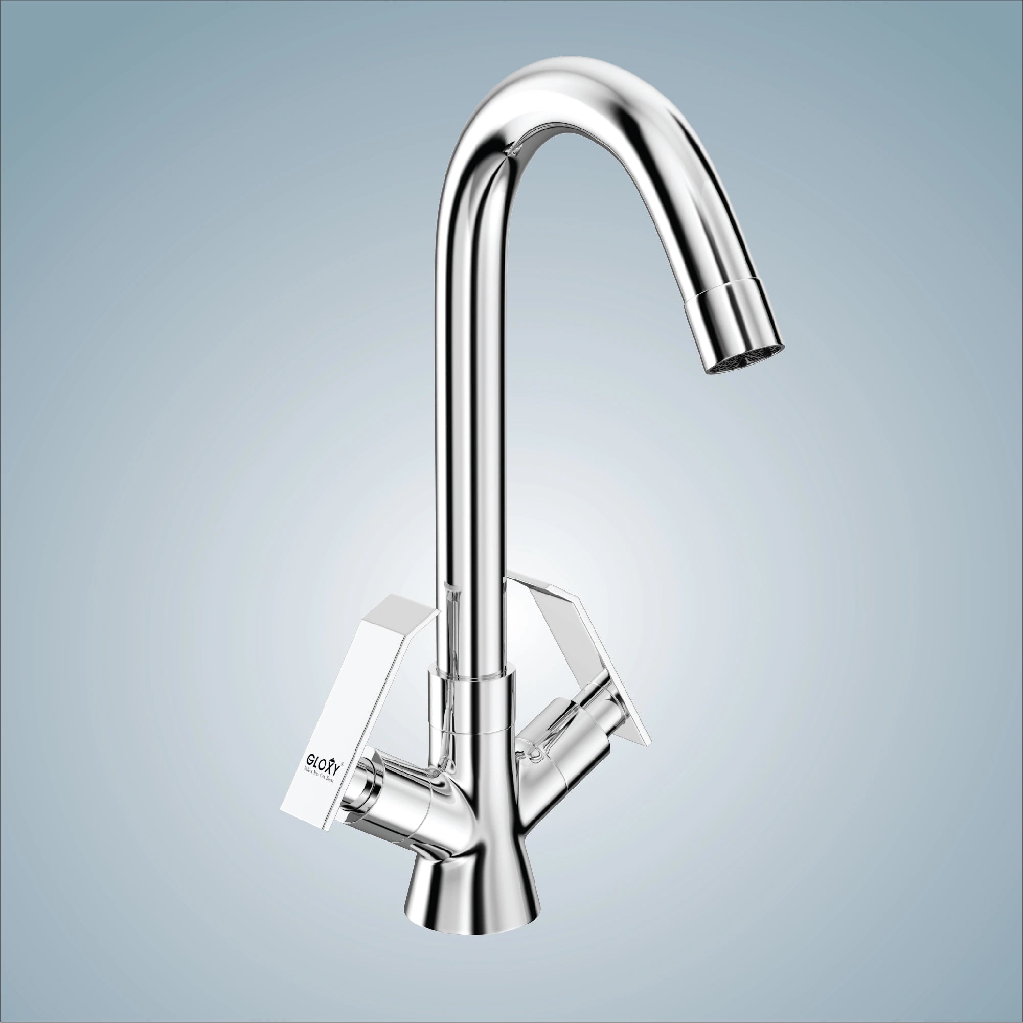 Gloxy Jet+ Series Double Lever Hot & Cold Water Mixer with 360° Swivel Spout Deck Mount Brass Swan Neck Faucet