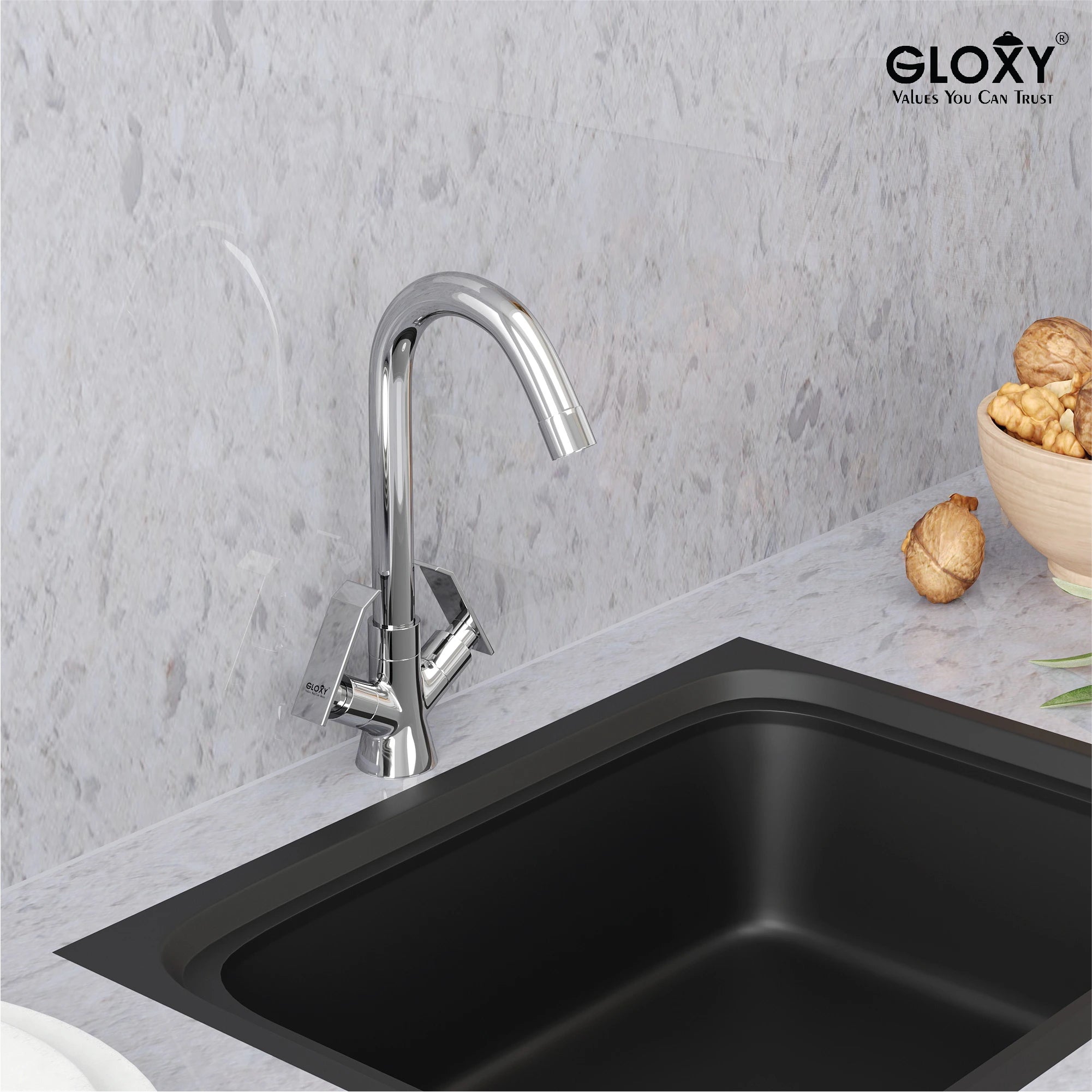 Gloxy Jet+ Series Double Lever Hot & Cold Water Mixer with 360° Swivel Spout Deck Mount Brass Swan Neck Faucet