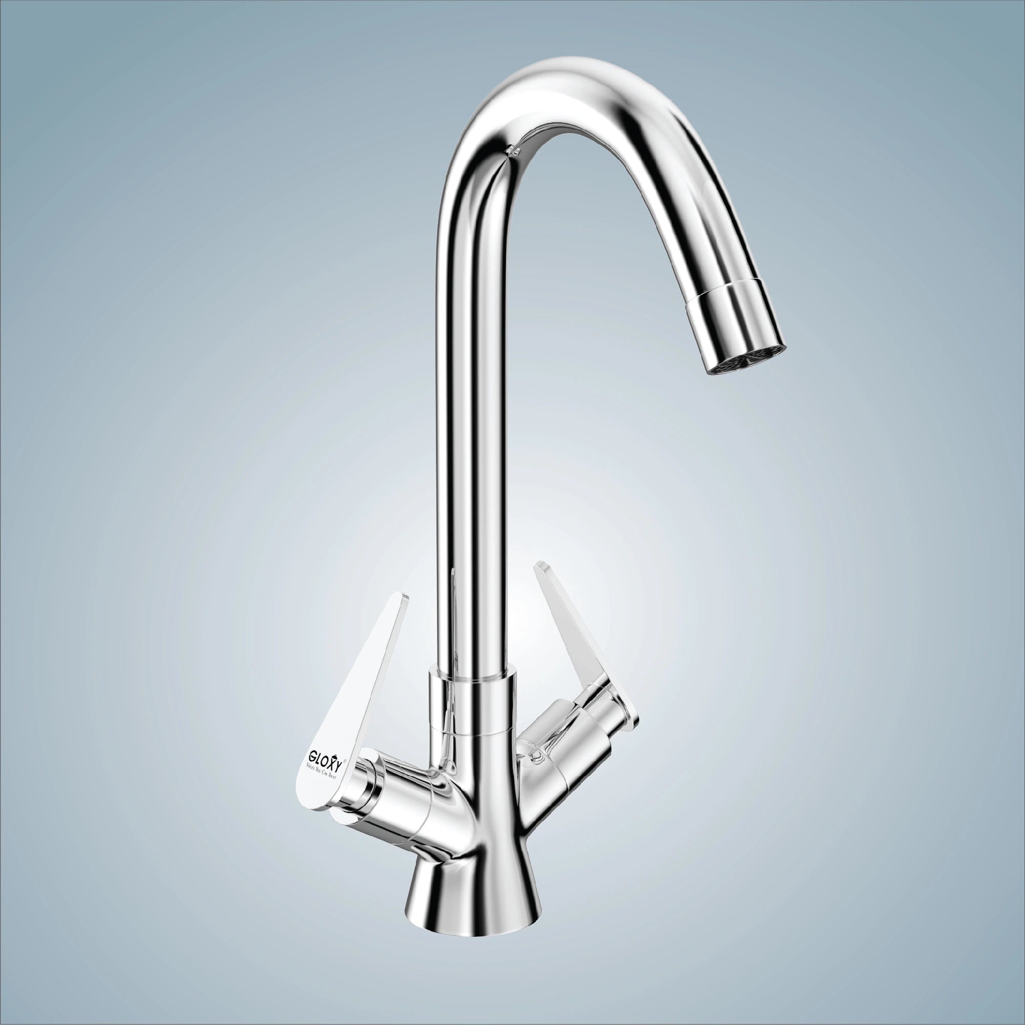 Gloxy Nano Series Double Lever Hot & Cold Water Mixer with 360° Swivel Spout Deck Mount Brass Swan Neck Faucet