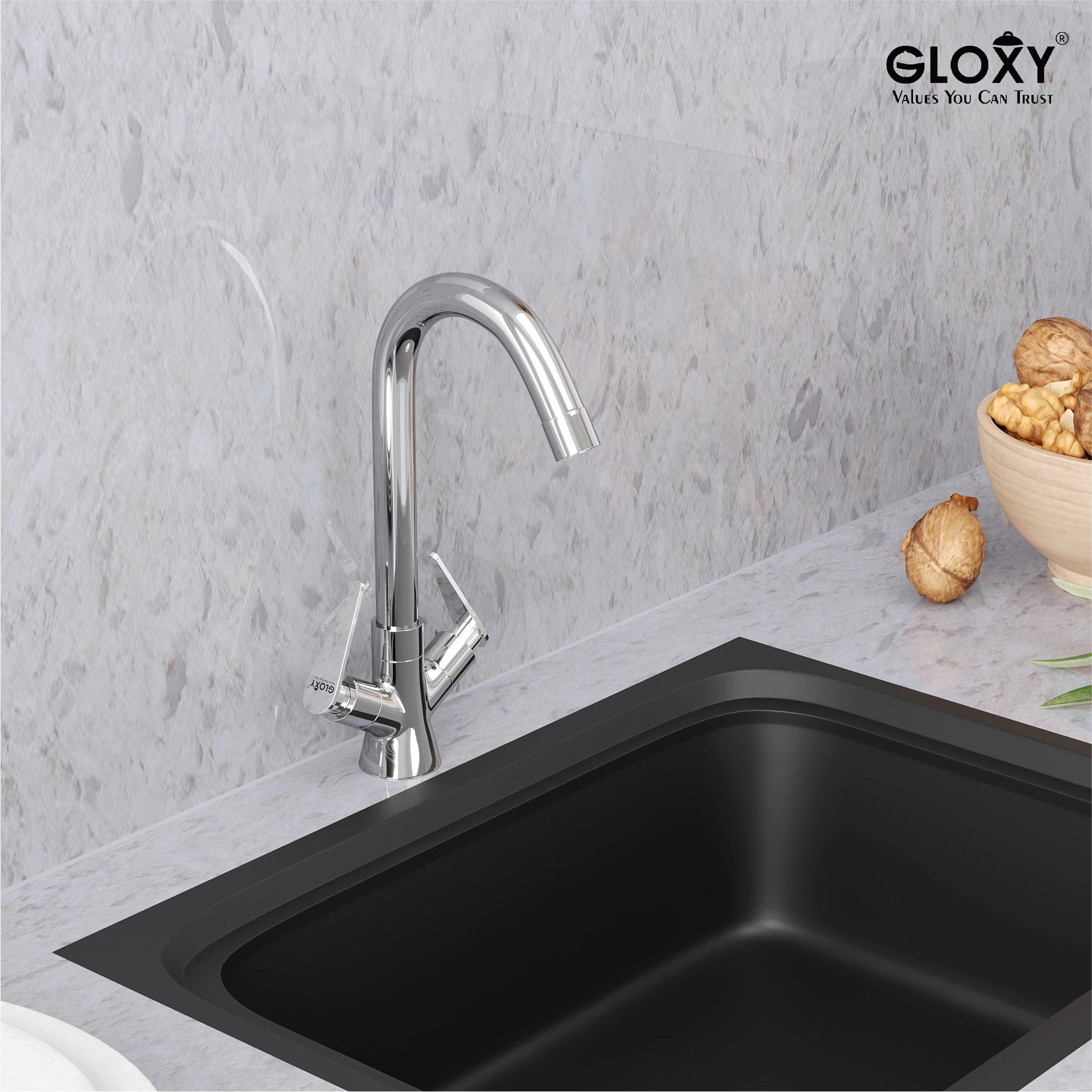 Gloxy Nano Series Double Lever Hot & Cold Water Mixer with 360° Swivel Spout Deck Mount Brass Swan Neck Faucet