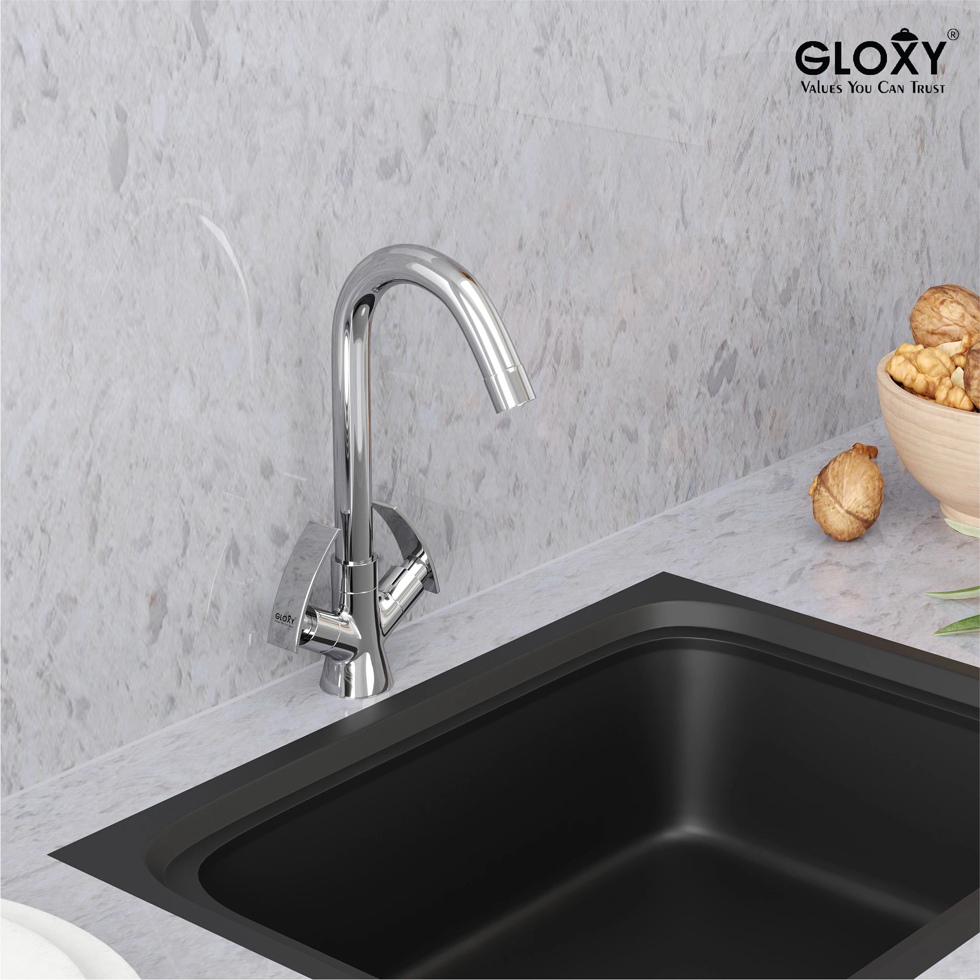 Gloxy Delight Series Double Lever Hot & Cold Water Mixer with 360° Swivel Spout Deck Mount Brass Swan Neck Faucet