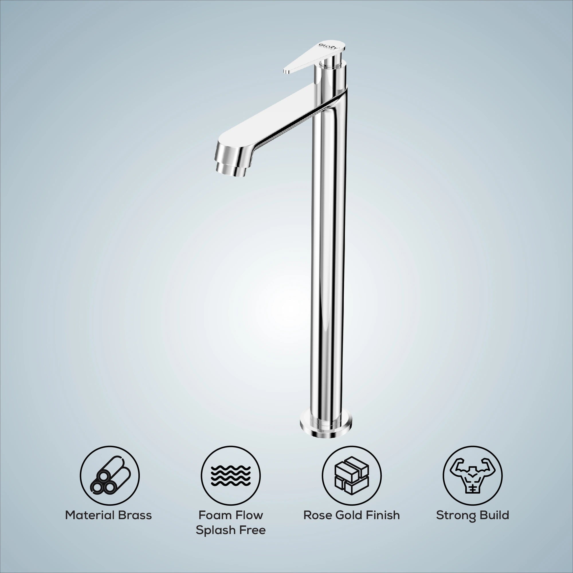 GLOXY Brass High Neck Chrome Finished Pillar Tap for Wash Basins & Kitchen Sinks - Deck Mount Long Neck Faucet with Stylish Nano Lever