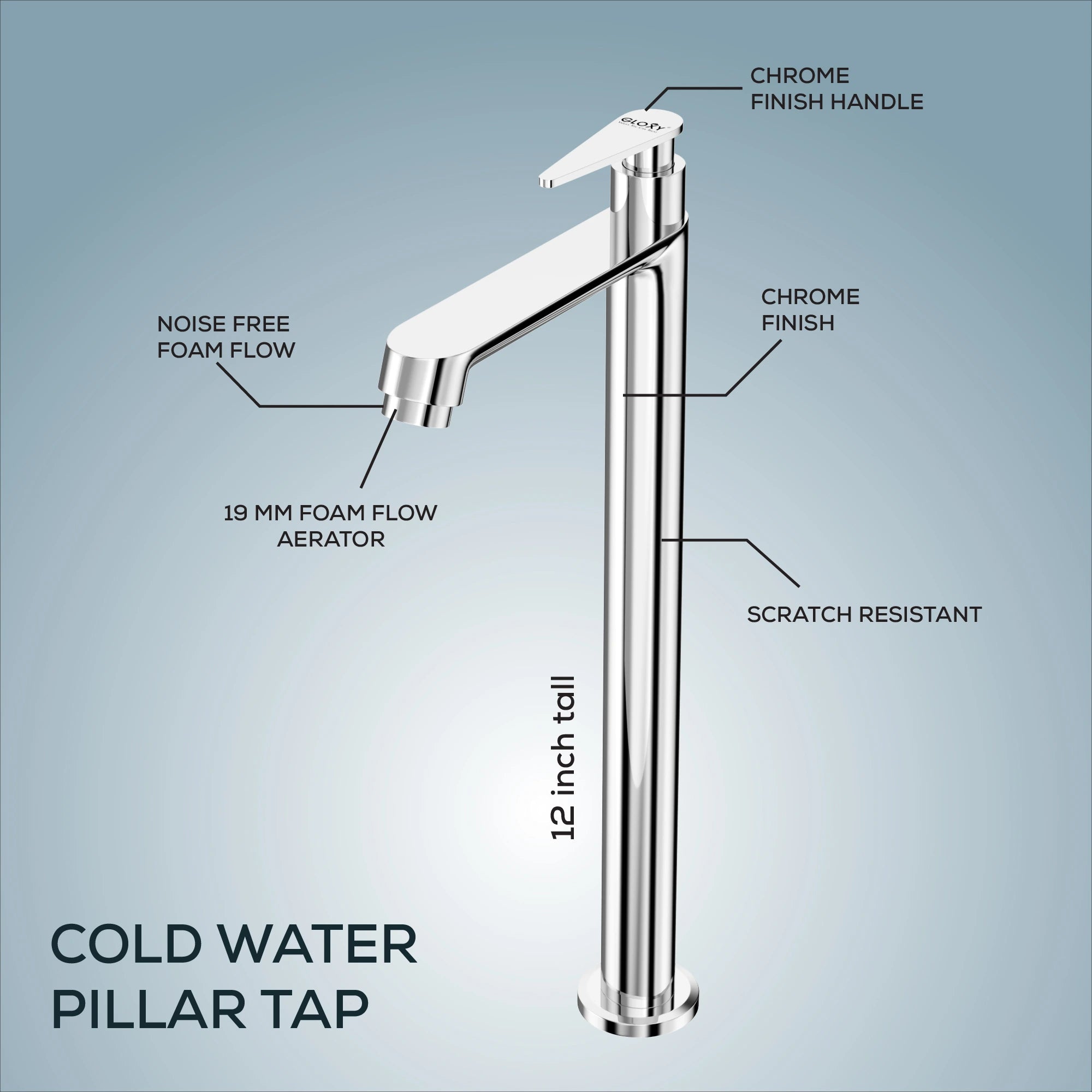 GLOXY Brass High Neck Chrome Finished Pillar Tap for Wash Basins & Kitchen Sinks - Deck Mount Long Neck Faucet with Stylish Nano Lever