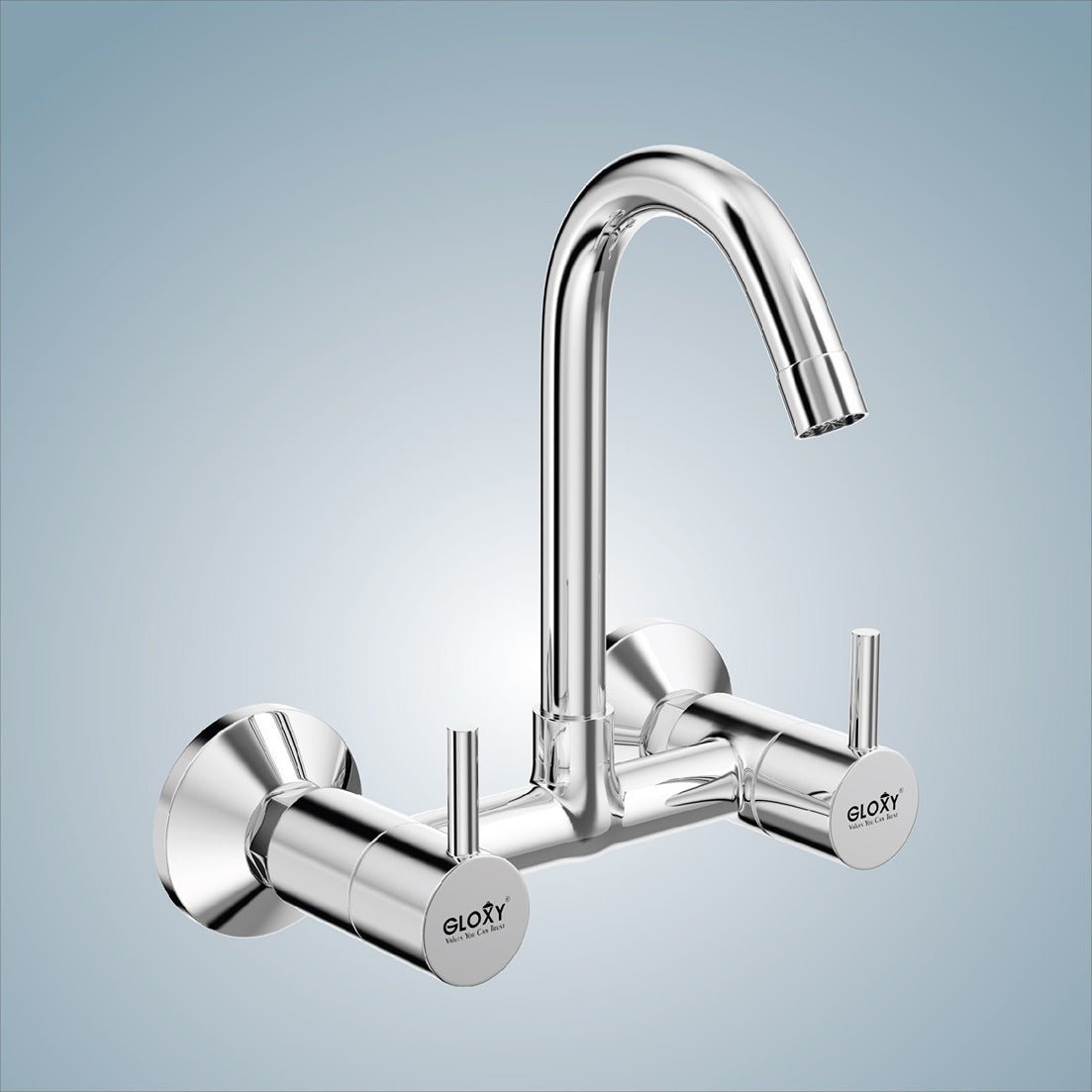 Gloxy Royal Series Double Lever Hot & Cold Water Mixer with 360° Swivel Spout Wall Mount Brass Swan Neck Faucet