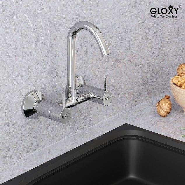 Gloxy Royal Series Double Lever Hot & Cold Water Mixer with 360° Swivel Spout Wall Mount Brass Swan Neck Faucet