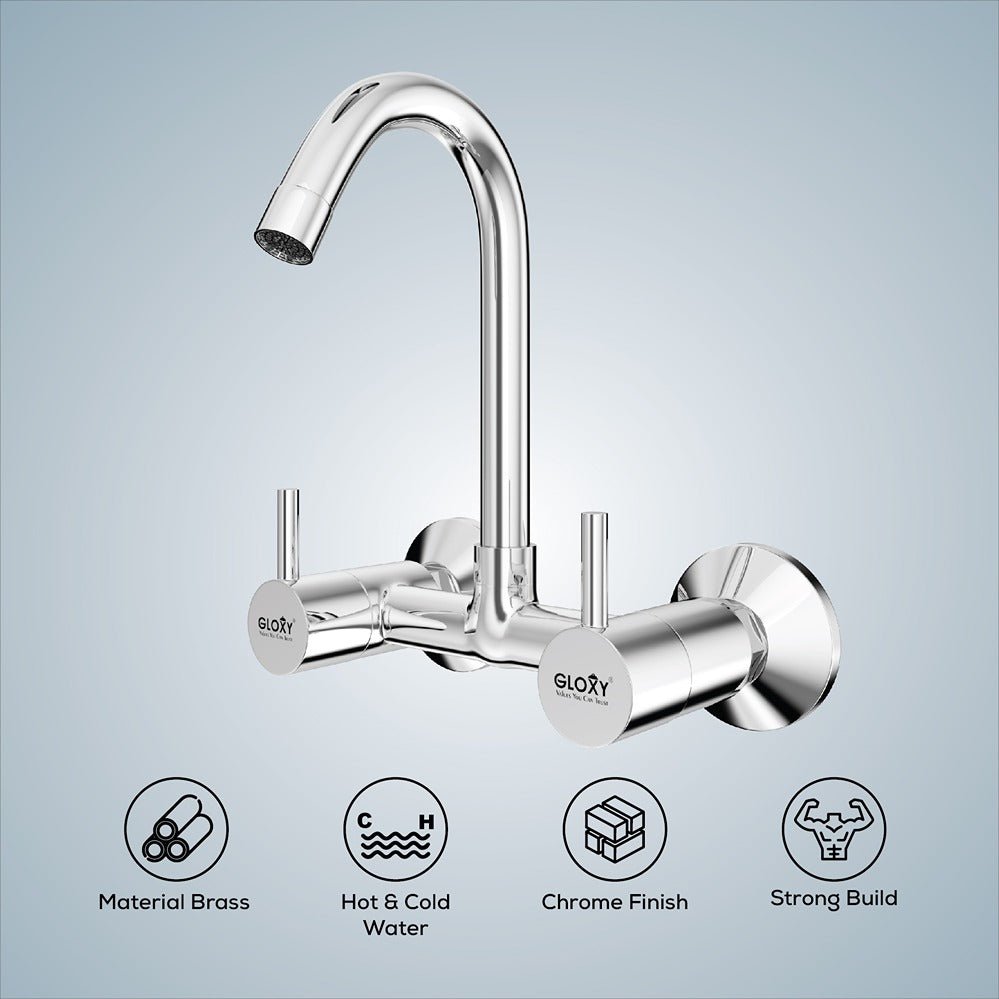 Gloxy Royal Series Double Lever Hot & Cold Water Mixer with 360° Swivel Spout Wall Mount Brass Swan Neck Faucet
