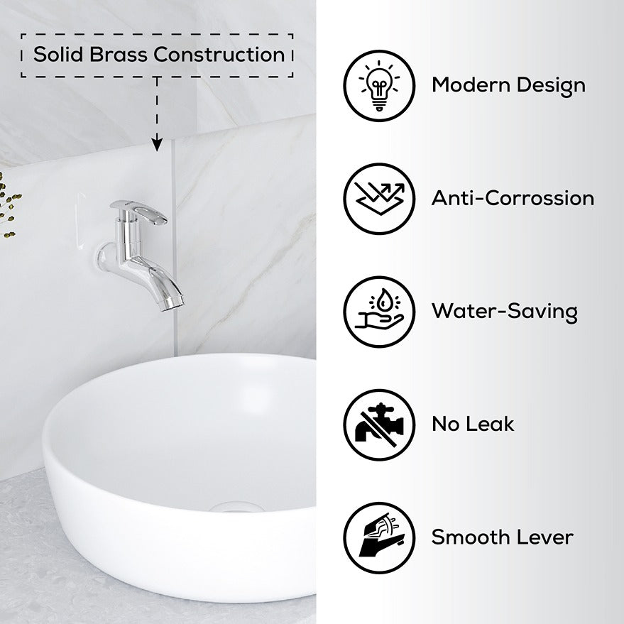 Chrome Finish Brass Wall Mount Short Nose Faucet Water Bib Tap Cock for Bathrooms, Washing Areas, Gardens & Kitchen Sinks (Riva)-by GLOXY®