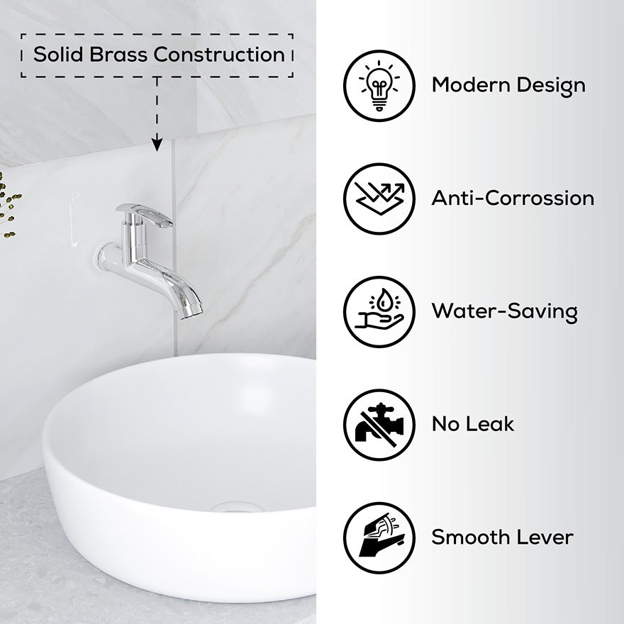 Chrome Finish Brass Wall Mount Long Nose Faucet Water Bib Tap Cock for Bathrooms, Washing Areas, Gardens & Kitchen Sinks (Riva)-by GLOXY®