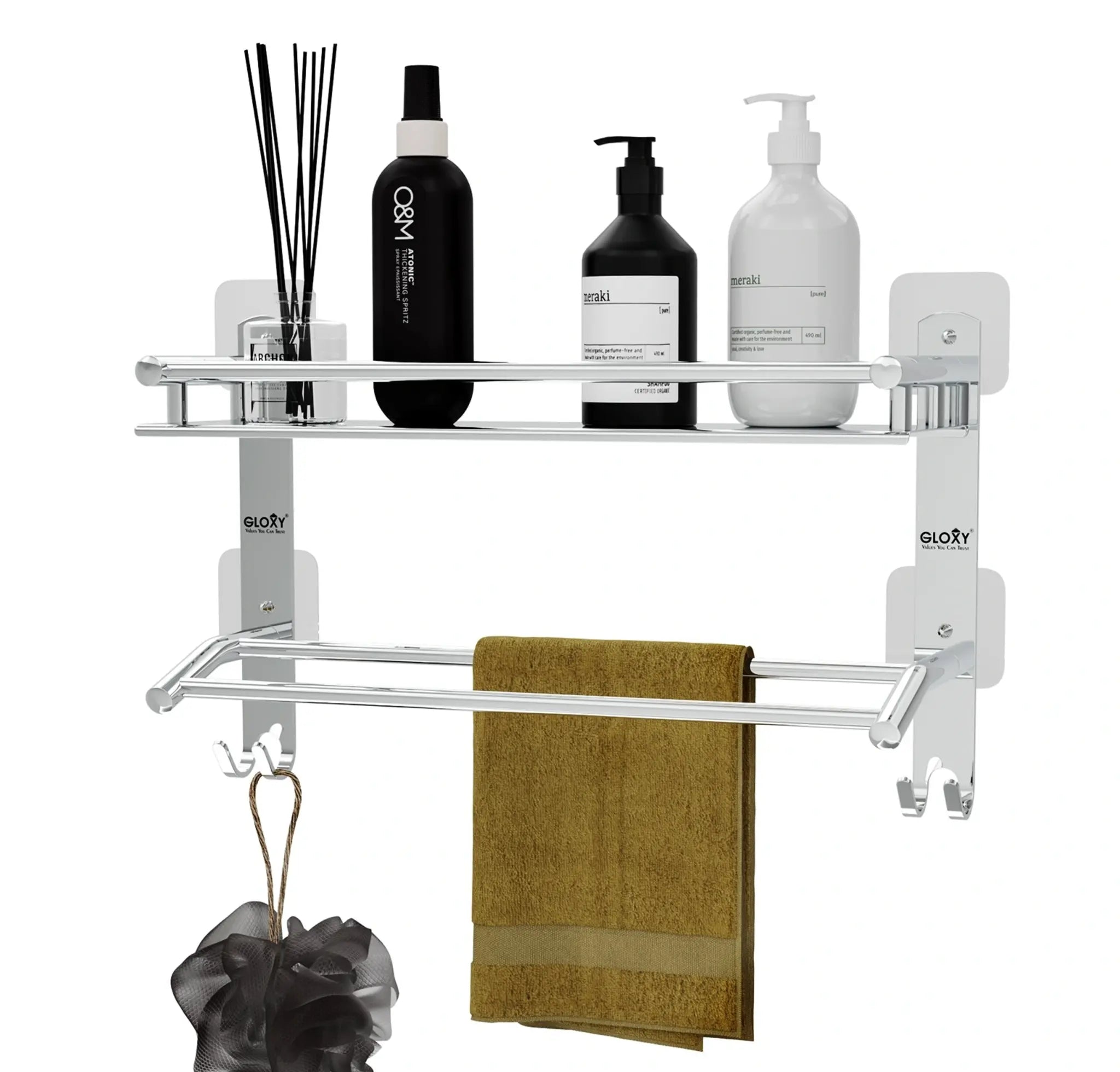 Gloxy Stainless Steel 2-Layer Chrome Finish Bathroom Shelf with Towel Rod & Hooks-Adhesive Sticker Installation