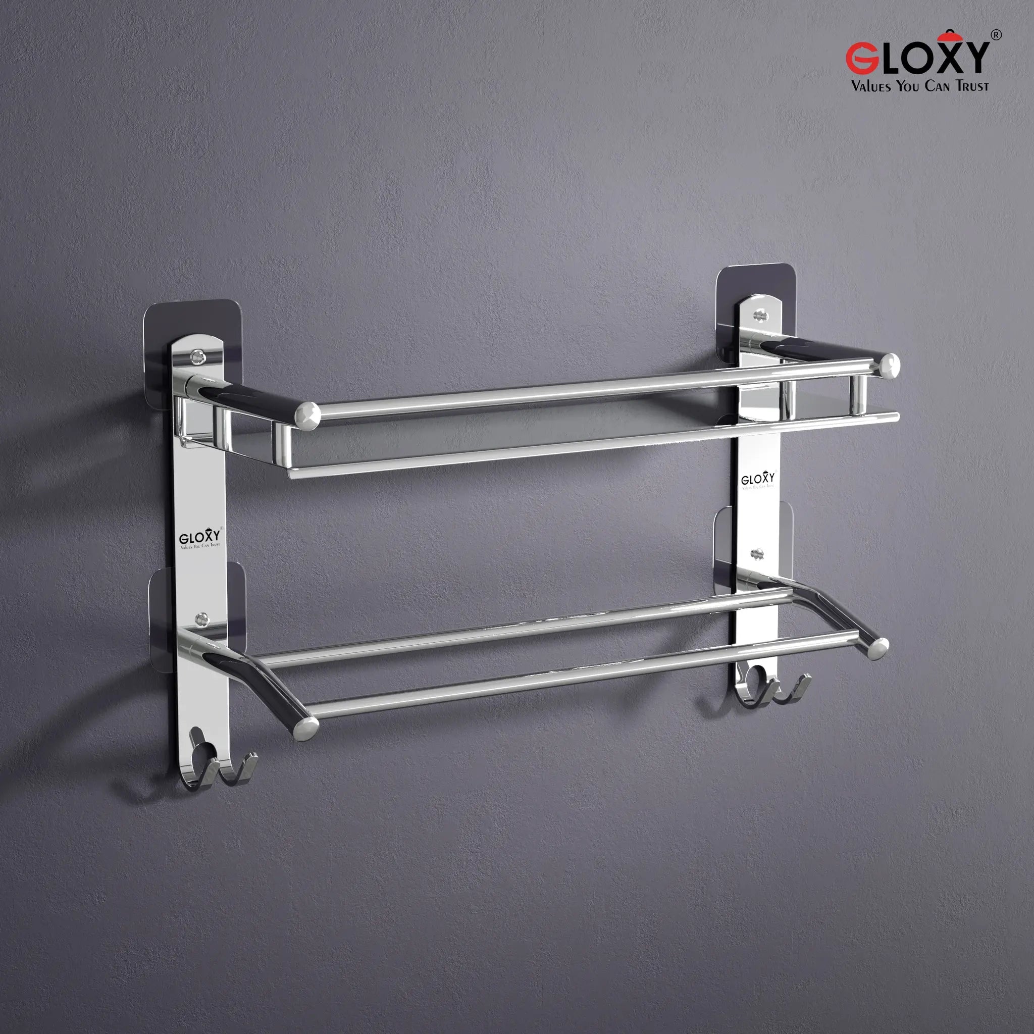 Rectangular Shape Stainless Steel  Multipurpose 2 Layer Shelf Adhesive Bathroom Shelf (Silver)-by GLOXY®