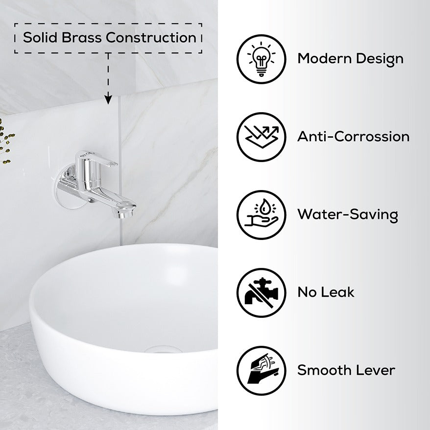 Chrome Finish Brass Wall Mount Long Nose Faucet Water Bib Tap Cock for Bathrooms, Washing Areas, Gardens & Kitchen Sinks (Lotos)-by GLOXY®