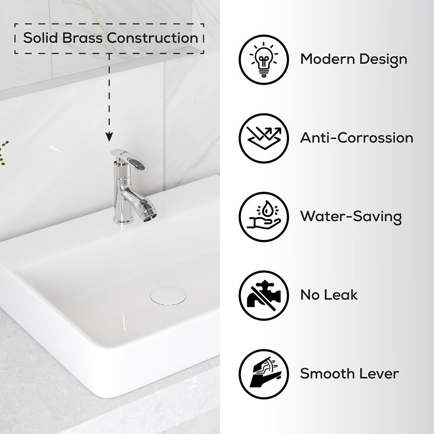 Chrome Finish Deck Mount Brass Short Pillar Cock Faucet Tap Valve with High Flow Center Hole for bathroom, Kitchen, Wash Basin Water Tap (Riva)-by GLOXY®