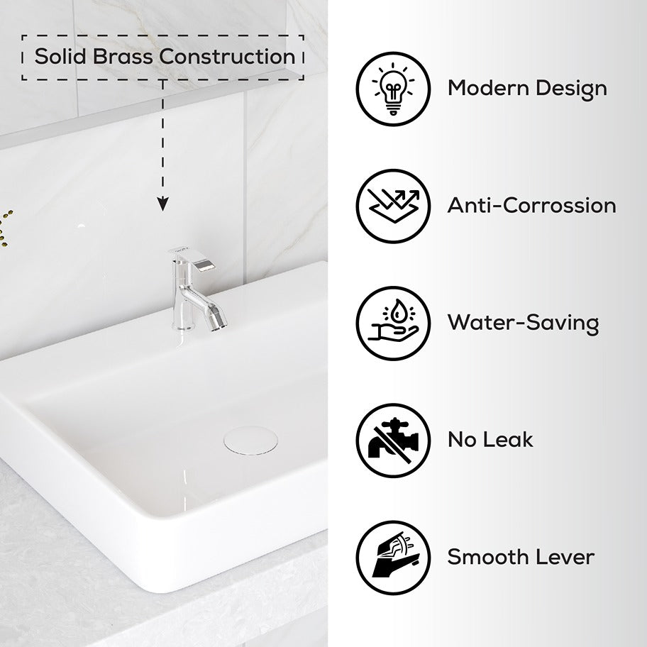 Chrome Finish Deck Mount Brass Short Pillar Cock Faucet Tap Valve with High Flow Center Hole for bathroom, Kitchen, Wash Basin Water Tap (Delight)-by GLOXY®