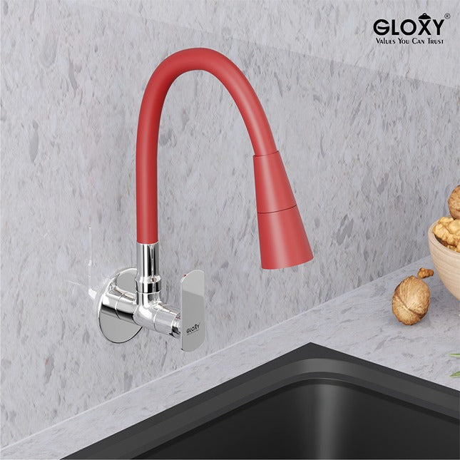 Gloxy Brass Wall Mount Faucet for Kitchen Sink with Chrome Finished Jet+ Lever - 20-Inch Black Silicone Flexible Leak Proof Spout & Splash Free Dual Flow Nozzle – 10 Years Warranty on Spindle Only