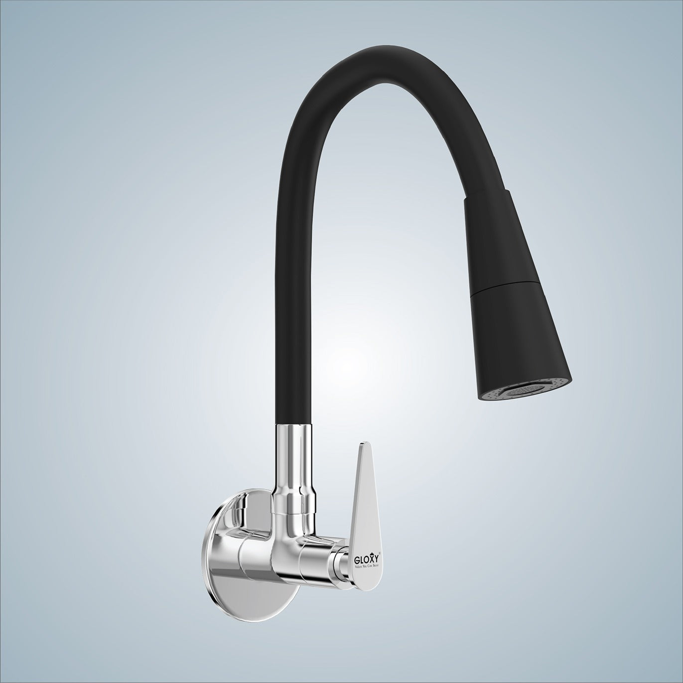 Gloxy Brass Wall Mount Faucet for Kitchen Sink with Chrome Finished Jet+ Lever - 20-Inch Black Silicone Flexible Leak Proof Spout & Splash Free Dual Flow Nozzle – 10 Years Warranty on Spindle Only