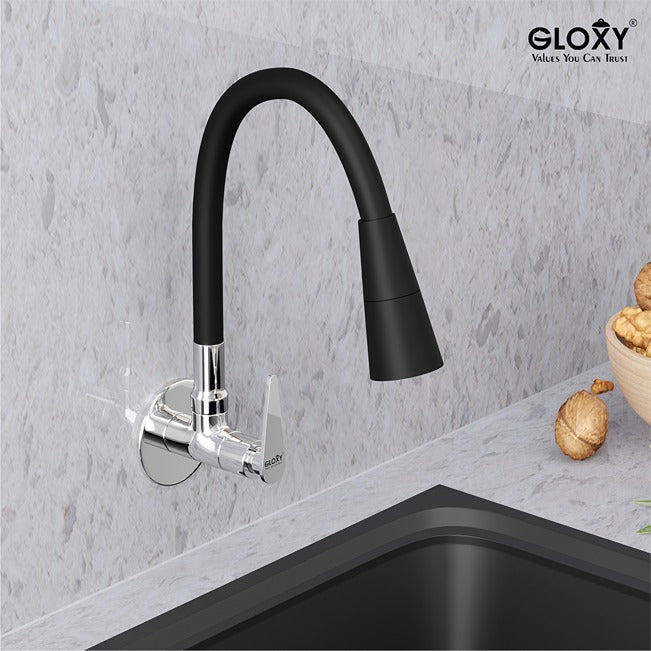 Gloxy Brass Wall Mount Faucet for Kitchen Sink with Chrome Finished Jet+ Lever - 20-Inch Black Silicone Flexible Leak Proof Spout & Splash Free Dual Flow Nozzle – 10 Years Warranty on Spindle Only