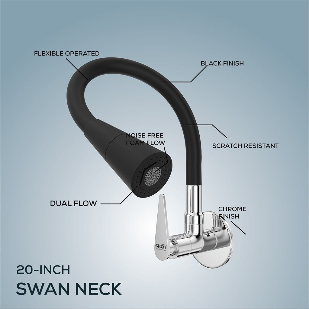 Gloxy Brass Wall Mount Faucet for Kitchen Sink with Chrome Finished Jet+ Lever - 20-Inch Black Silicone Flexible Leak Proof Spout & Splash Free Dual Flow Nozzle – 10 Years Warranty on Spindle Only