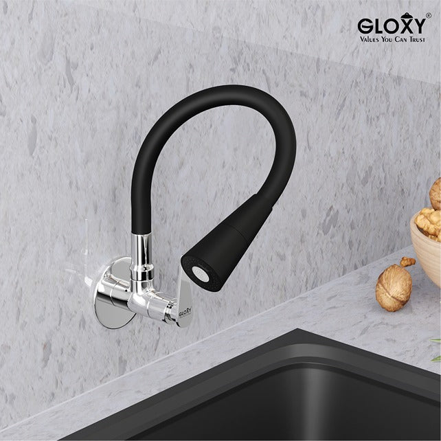 Gloxy Brass Wall Mount Faucet for Kitchen Sink with Chrome Finished Jet+ Lever - 20-Inch Black Silicone Flexible Leak Proof Spout & Splash Free Dual Flow Nozzle – 10 Years Warranty on Spindle Only