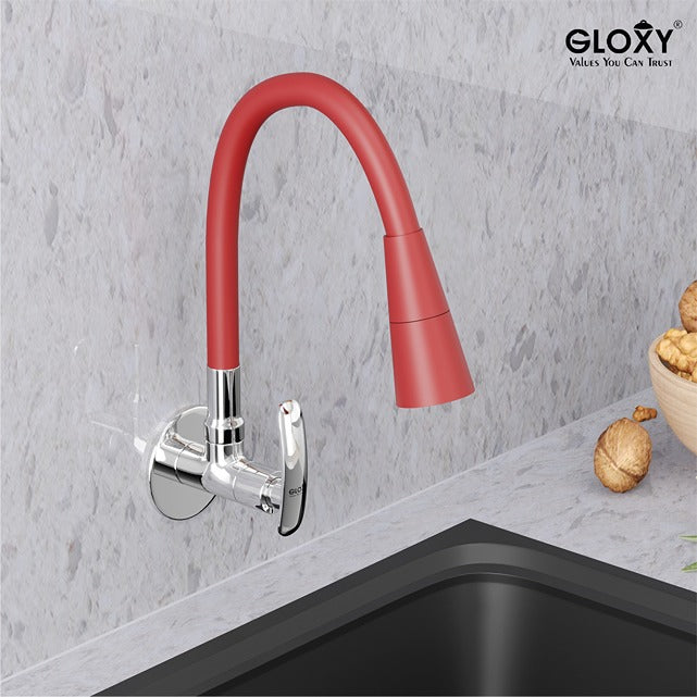 Gloxy Brass Wall Mount Faucet for Kitchen Sink with Chrome Finished Jet+ Lever - 20-Inch Black Silicone Flexible Leak Proof Spout & Splash Free Dual Flow Nozzle – 10 Years Warranty on Spindle Only