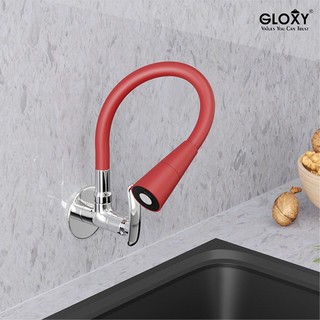 Gloxy Brass Wall Mount Faucet for Kitchen Sink with Chrome Finished Jet+ Lever - 20-Inch Black Silicone Flexible Leak Proof Spout & Splash Free Dual Flow Nozzle – 10 Years Warranty on Spindle Only