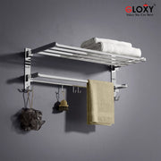 Gloxy Rectangular Shape Stainless Steel Chrome Finsih Folding 2-Bar Towel Rack with Adjustable Hook-24 Inch