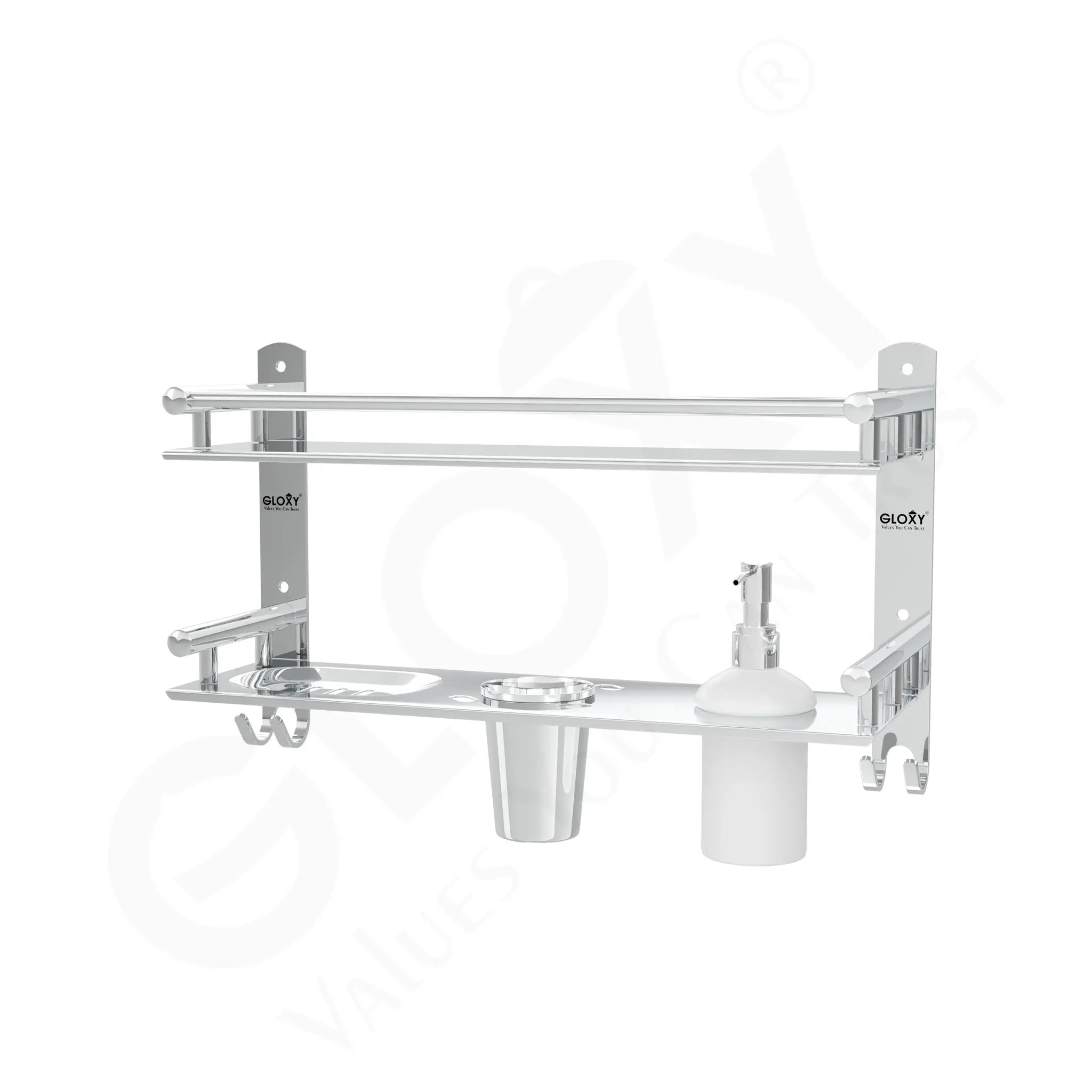 Gloxy Silver Finish 6 in1 Premium Multipurpose Stainless Steel 2 Layer Bathroom Shelf with Soap Dish & Liquid Dispenser