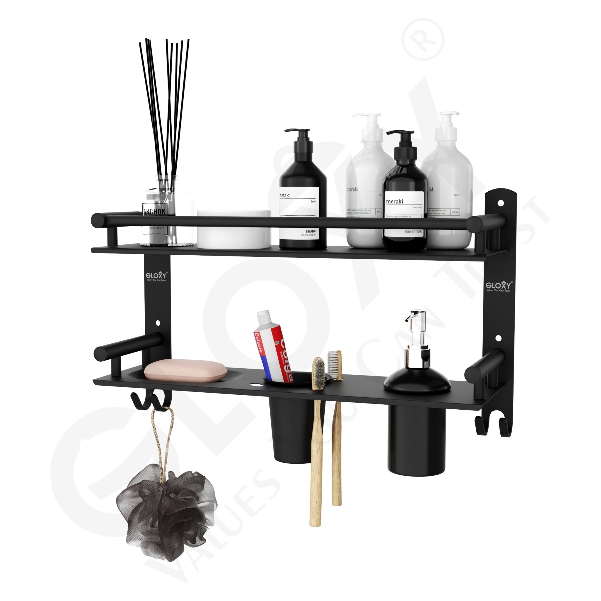 Black Matte Finish 6-in-1 Stainless Steel Bathroom Shelf Set