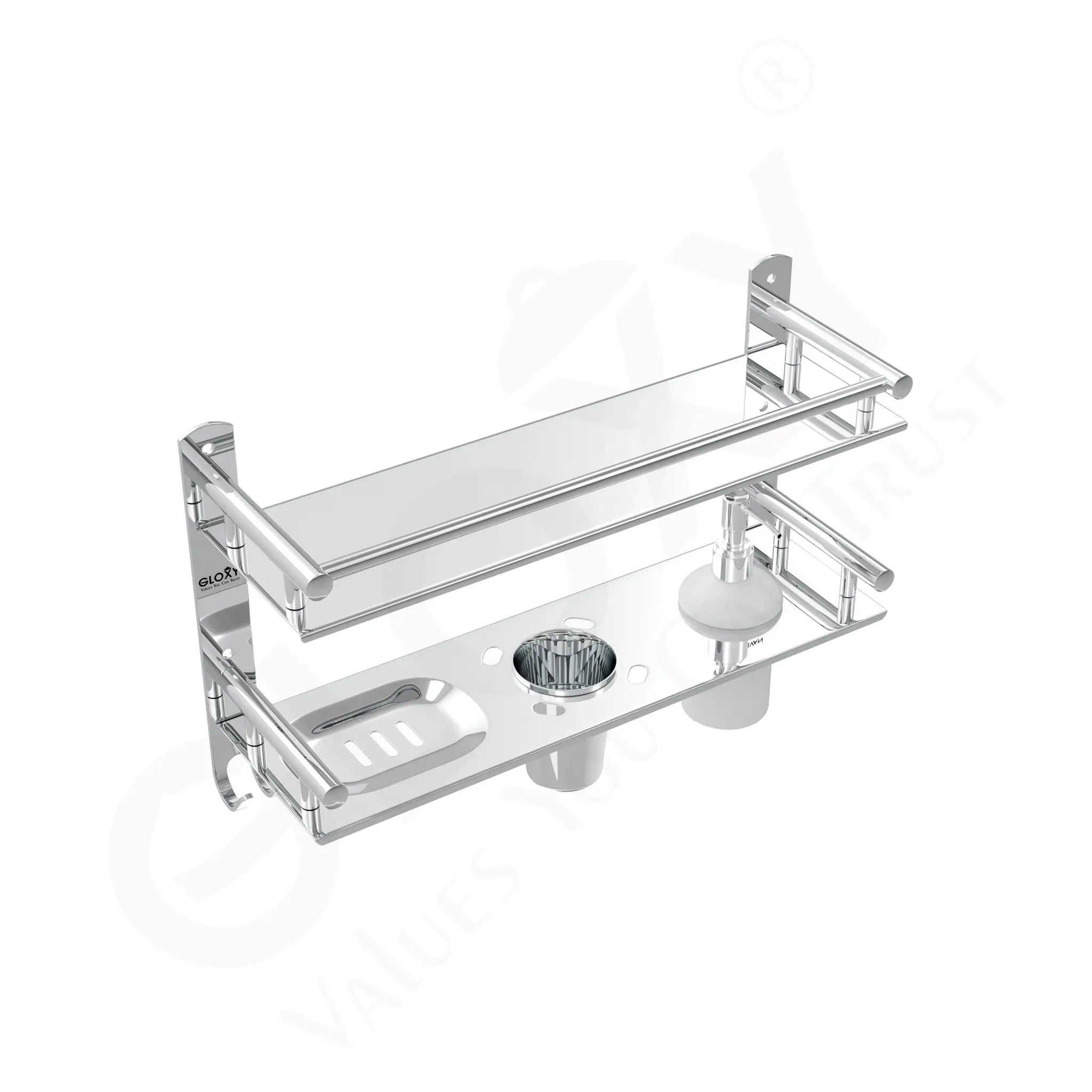 Gloxy Silver Finish 6 in1 Premium Multipurpose Stainless Steel 2 Layer Bathroom Shelf with Soap Dish & Liquid Dispenser