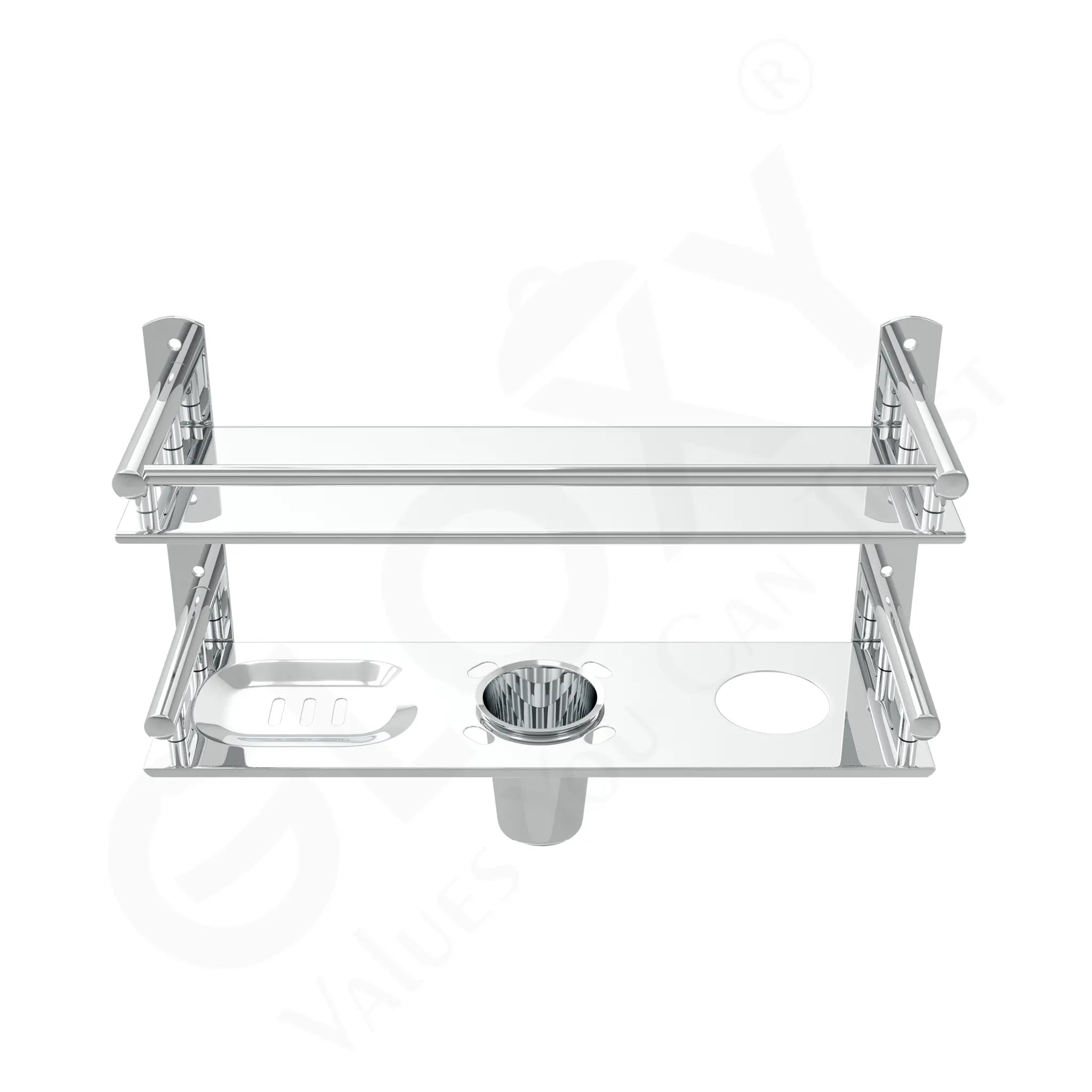 Gloxy Silver Finish 6 in1 Premium Multipurpose Stainless Steel 2 Layer Bathroom Shelf with Soap Dish & Liquid Dispenser