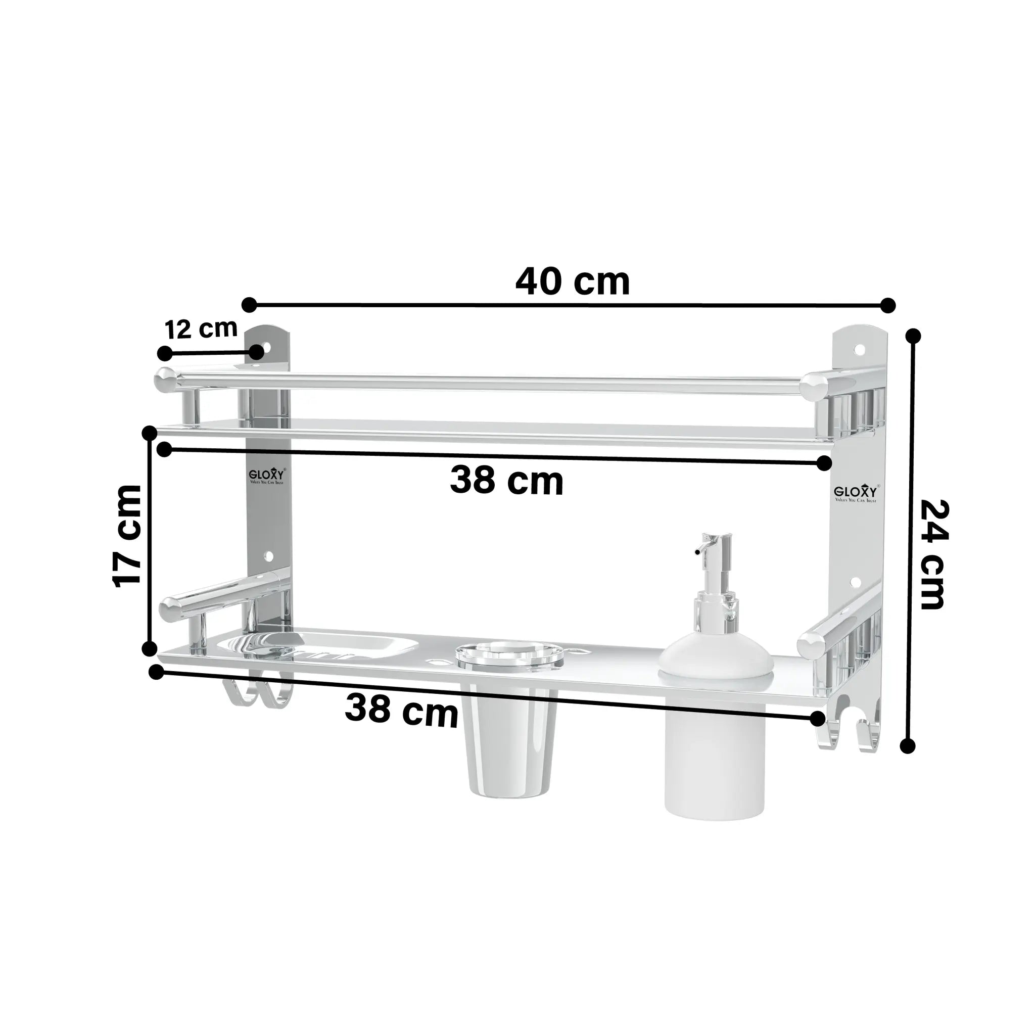 Gloxy Silver Finish 6 in1 Premium Multipurpose Stainless Steel 2 Layer Bathroom Shelf with Soap Dish & Liquid Dispenser