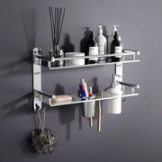 Gloxy Silver Finish 6 in1 Premium Multipurpose Stainless Steel 2 Layer Bathroom Shelf with Soap Dish & Liquid Dispenser