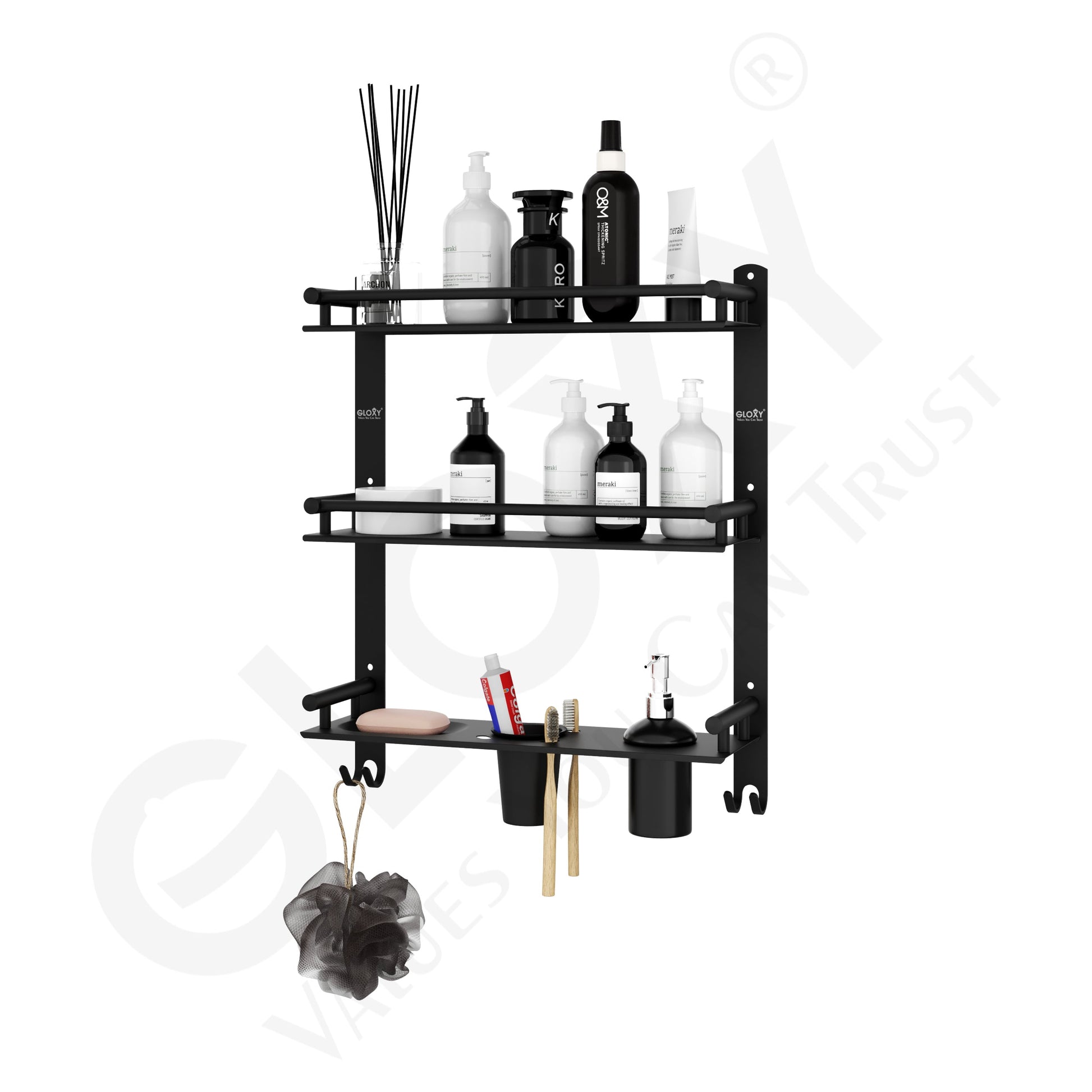 Black Matte 6-in-1 Premium Stainless Steel Bathroom Shelf Set