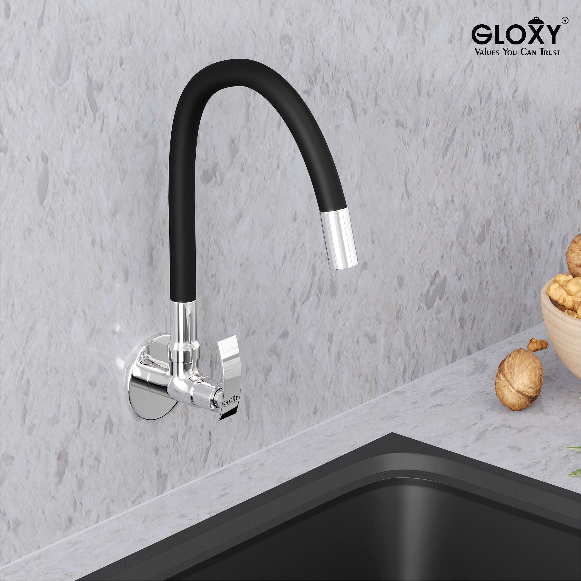Gloxy Brass Kitchen Sink Faucet for Kitchen with Chrome Finished Leak Proof Touch Lever - Black Silicon Flexible Spout with Single Flow Water Saving Nozzle – 10 Years Warranty on Spindle Only
