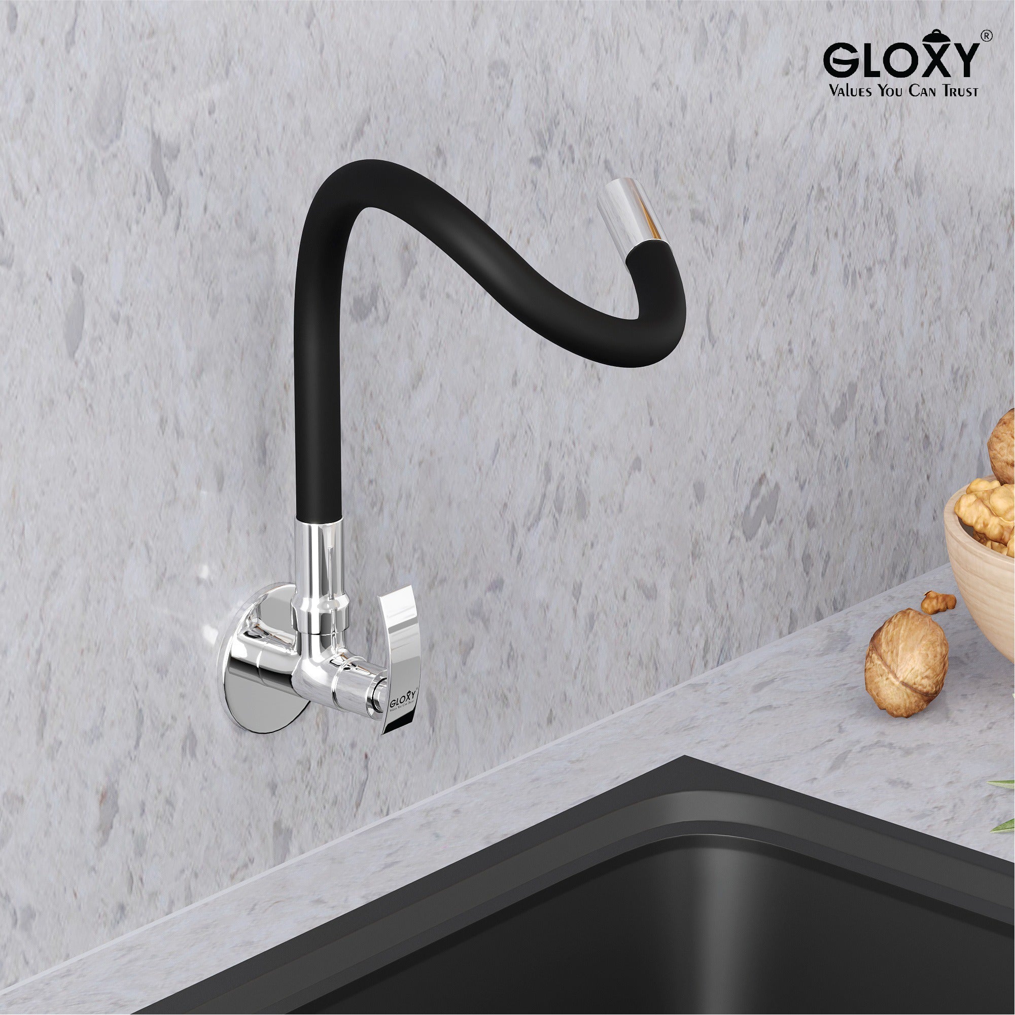 Gloxy Brass Kitchen Sink Faucet for Kitchen with Chrome Finished Leak Proof Touch Lever - Black Silicon Flexible Spout with Single Flow Water Saving Nozzle – 10 Years Warranty on Spindle Only