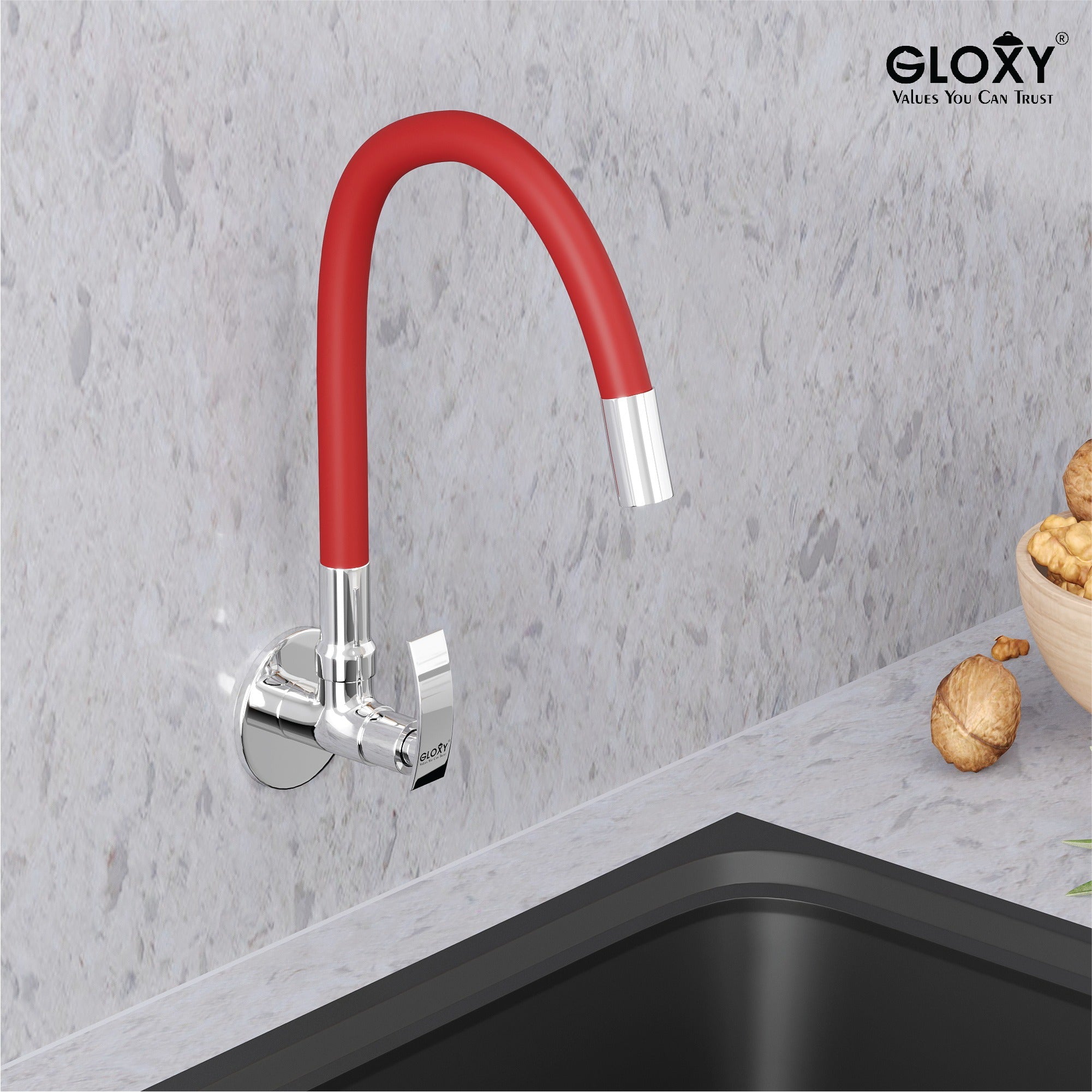 Gloxy Brass Kitchen Sink Tap with Chrome Finished Leak Proof Touch Lever - Red Silicon 20 Inch Flexible Splash Free Spout with Single Flow Water Saver Nozzle - 10 Years Warranty on Spindle Only