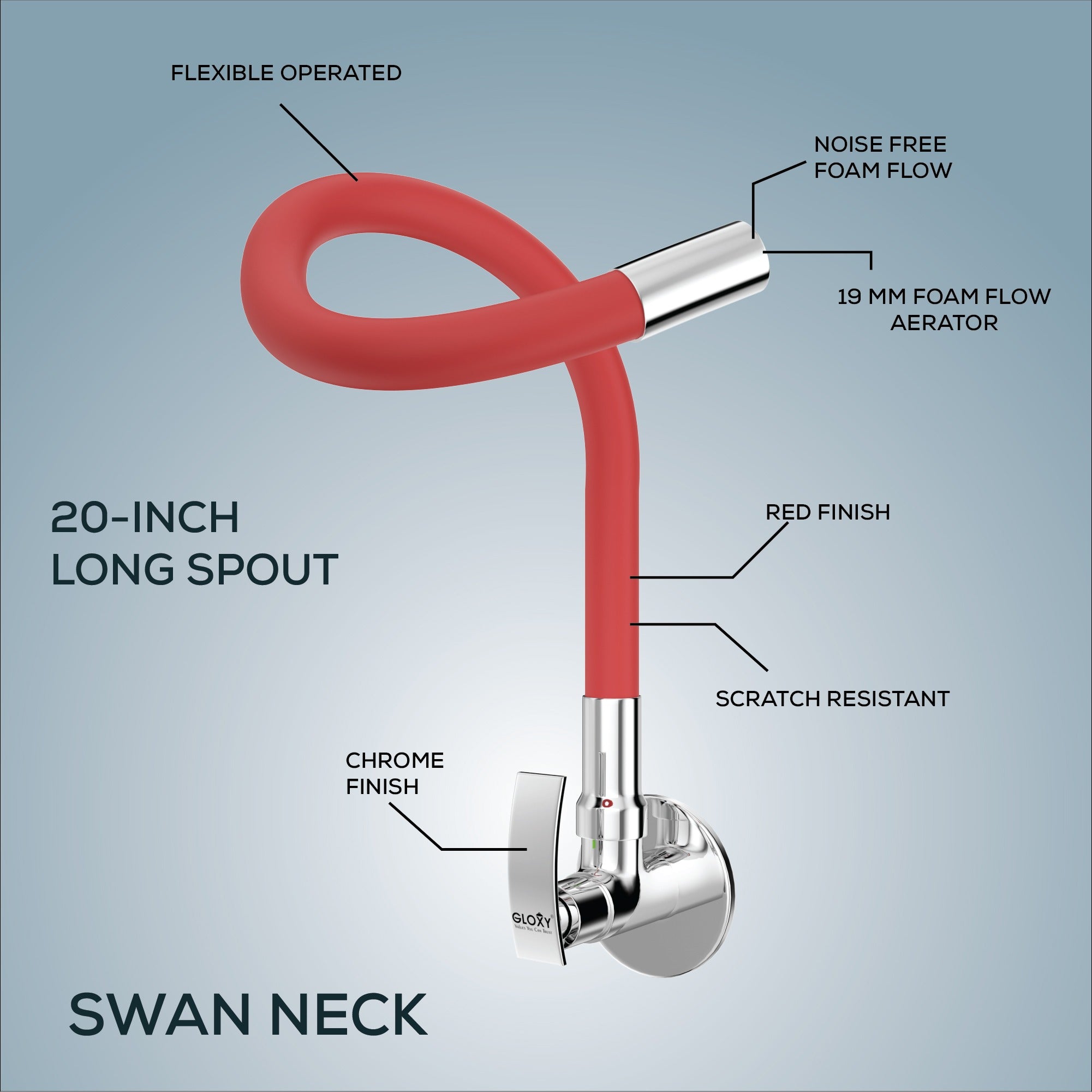 Gloxy Brass Kitchen Sink Tap with Chrome Finished Leak Proof Touch Lever - Red Silicon 20 Inch Flexible Splash Free Spout with Single Flow Water Saver Nozzle - 10 Years Warranty on Spindle Only