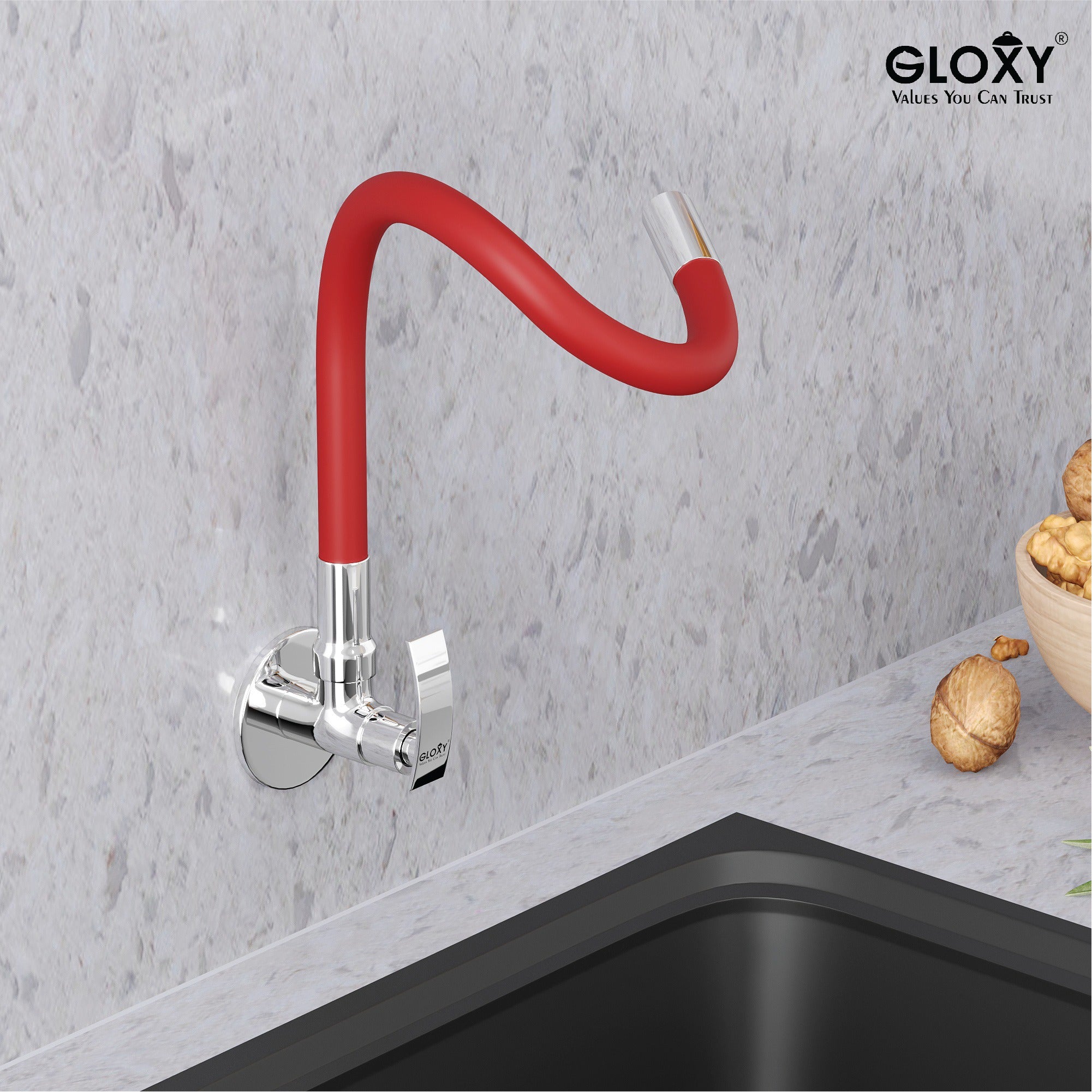 Gloxy Brass Kitchen Sink Tap with Chrome Finished Leak Proof Touch Lever - Red Silicon 20 Inch Flexible Splash Free Spout with Single Flow Water Saver Nozzle - 10 Years Warranty on Spindle Only