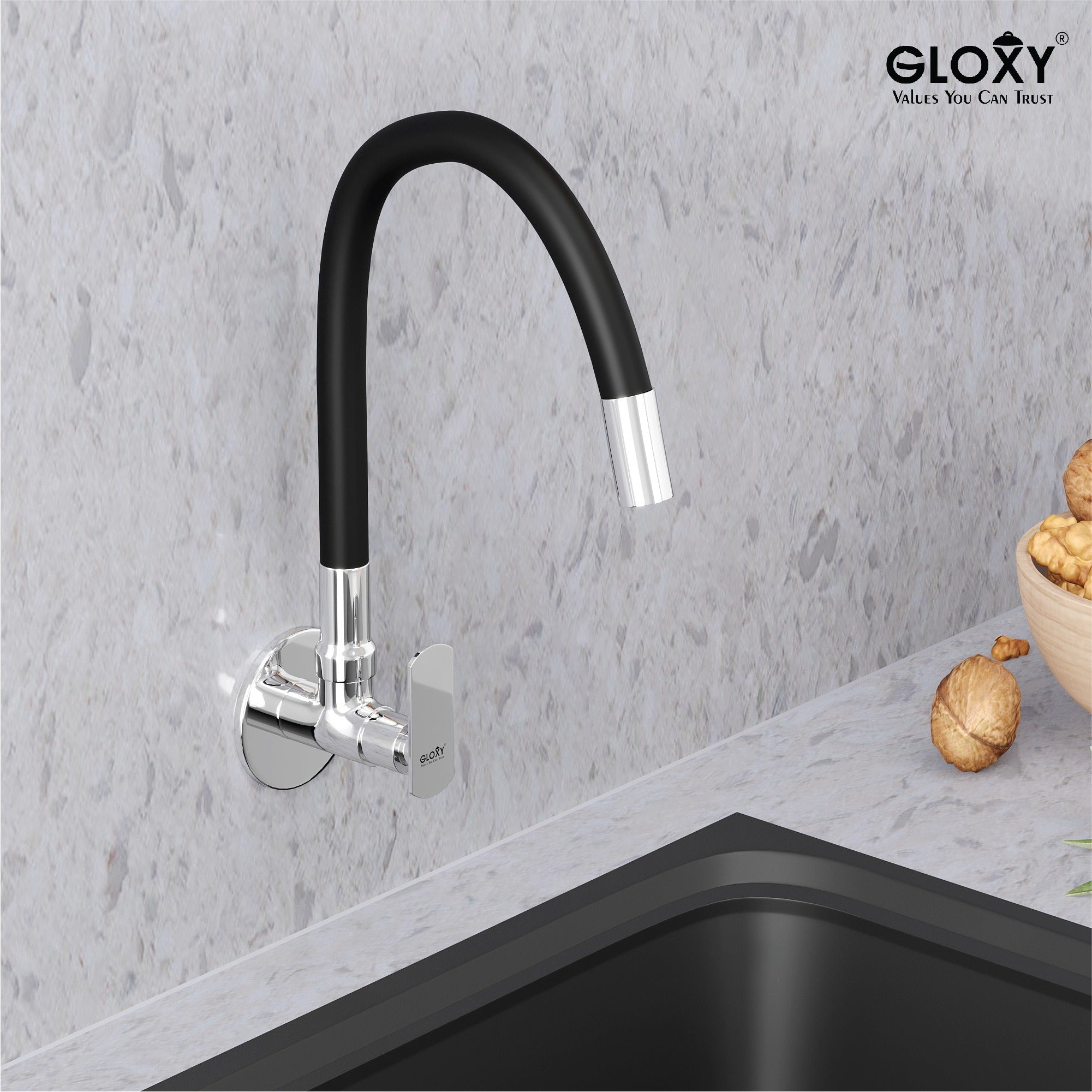 Gloxy Brass Kitchen Faucet with Chrome Finished Leak Proof Touch Lever - Grey 20 Inch Silicon Flexible Spout with Single Flow Water Saving Nozzle for Kitchen - 10 Years Warranty on Spindle Only (Copy)