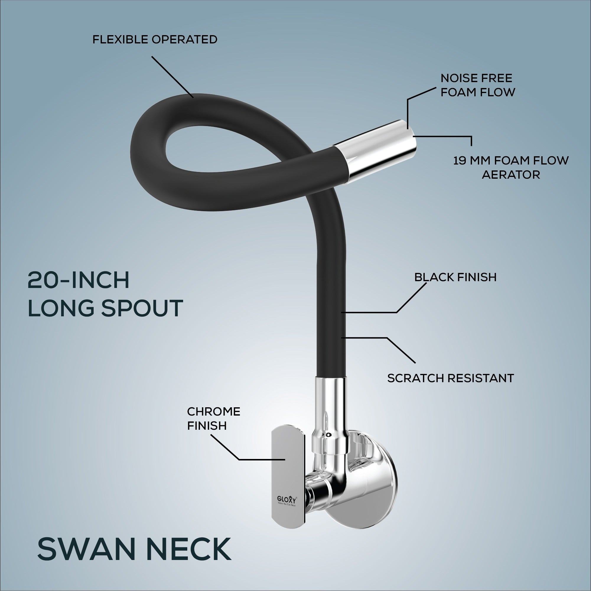 Gloxy Brass Kitchen Faucet with Chrome Finished Leak Proof Touch Lever - Grey 20 Inch Silicon Flexible Spout with Single Flow Water Saving Nozzle for Kitchen - 10 Years Warranty on Spindle Only (Copy)