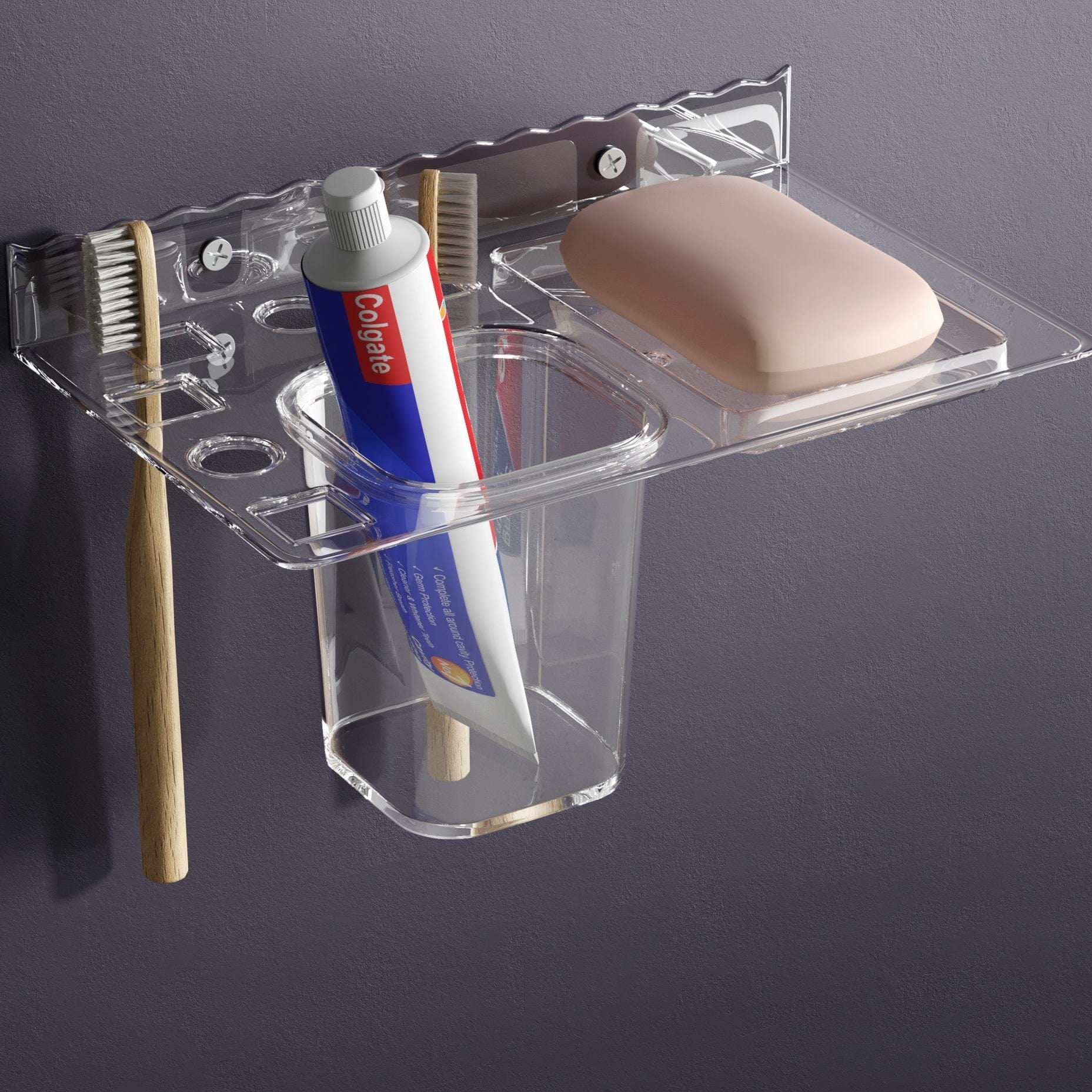 GLOXY® Unbreakable transparent Soap Dish with Toothbrush & Tumbler Holder Shelf - Stylish Bathroom Accessories.