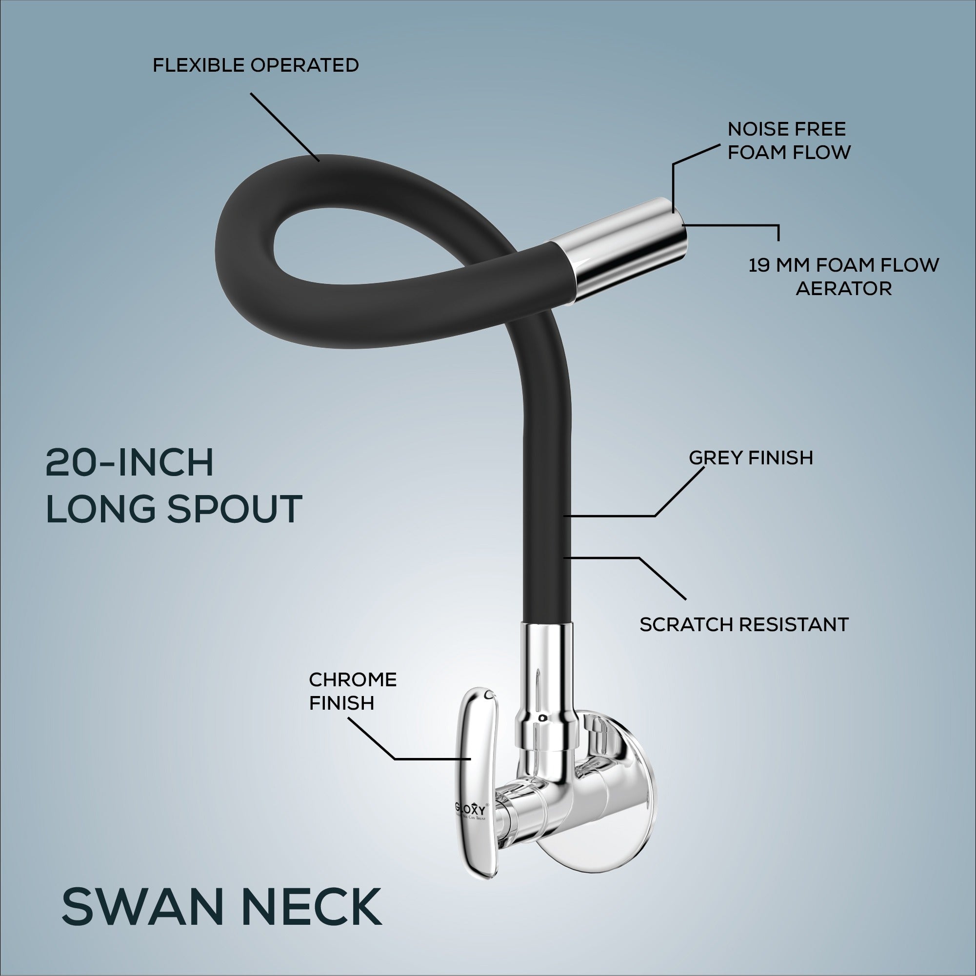 Gloxy Brass Kitchen Faucet with Chrome Finished Leak Proof Touch Lever - Grey 20 Inch Silicon Flexible Spout with Single Flow Water Saving Nozzle for Kitchen - 10 Years Warranty on Spindle Only