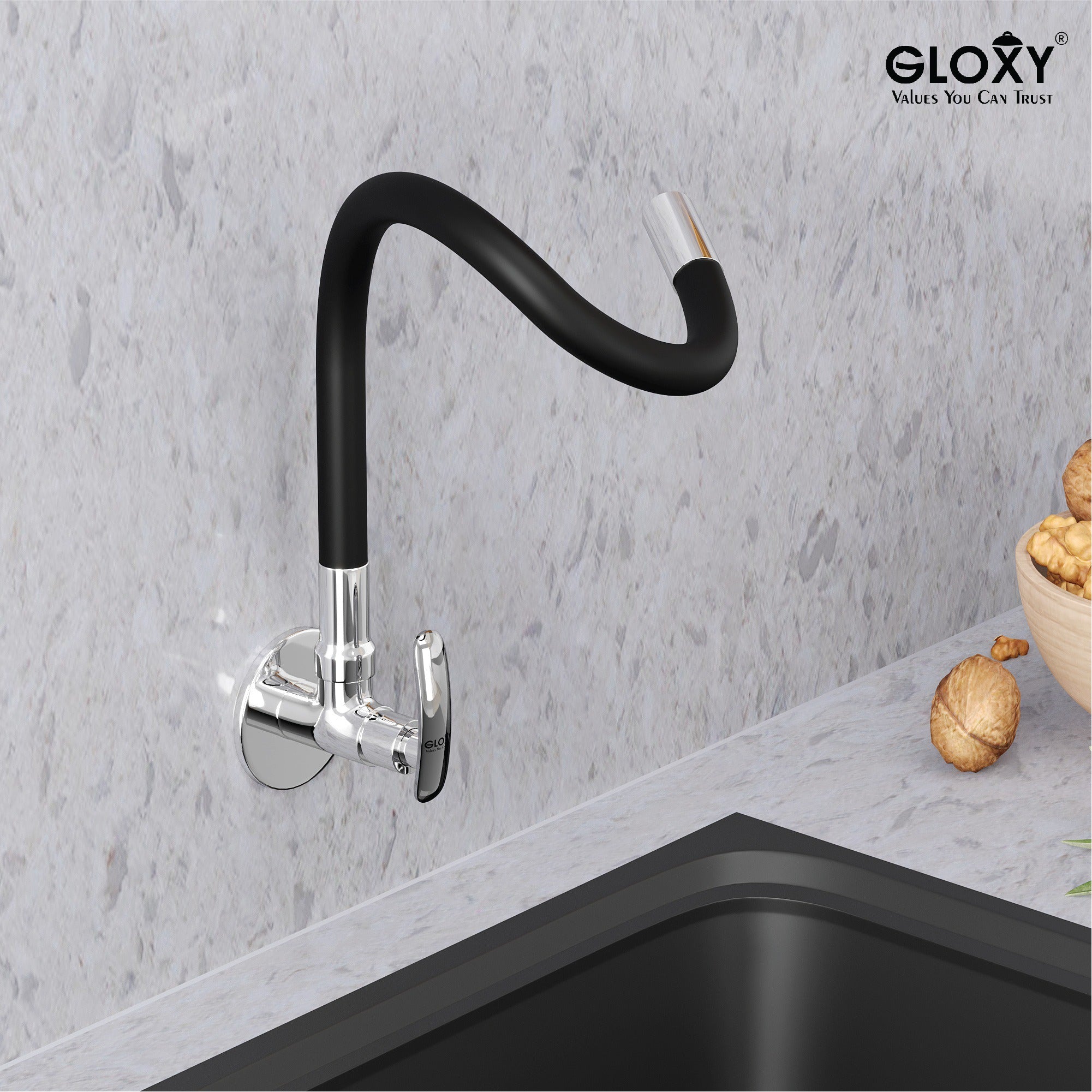Gloxy Brass Kitchen Faucet with Chrome Finished Leak Proof Touch Lever - Grey 20 Inch Silicon Flexible Spout with Single Flow Water Saving Nozzle for Kitchen - 10 Years Warranty on Spindle Only