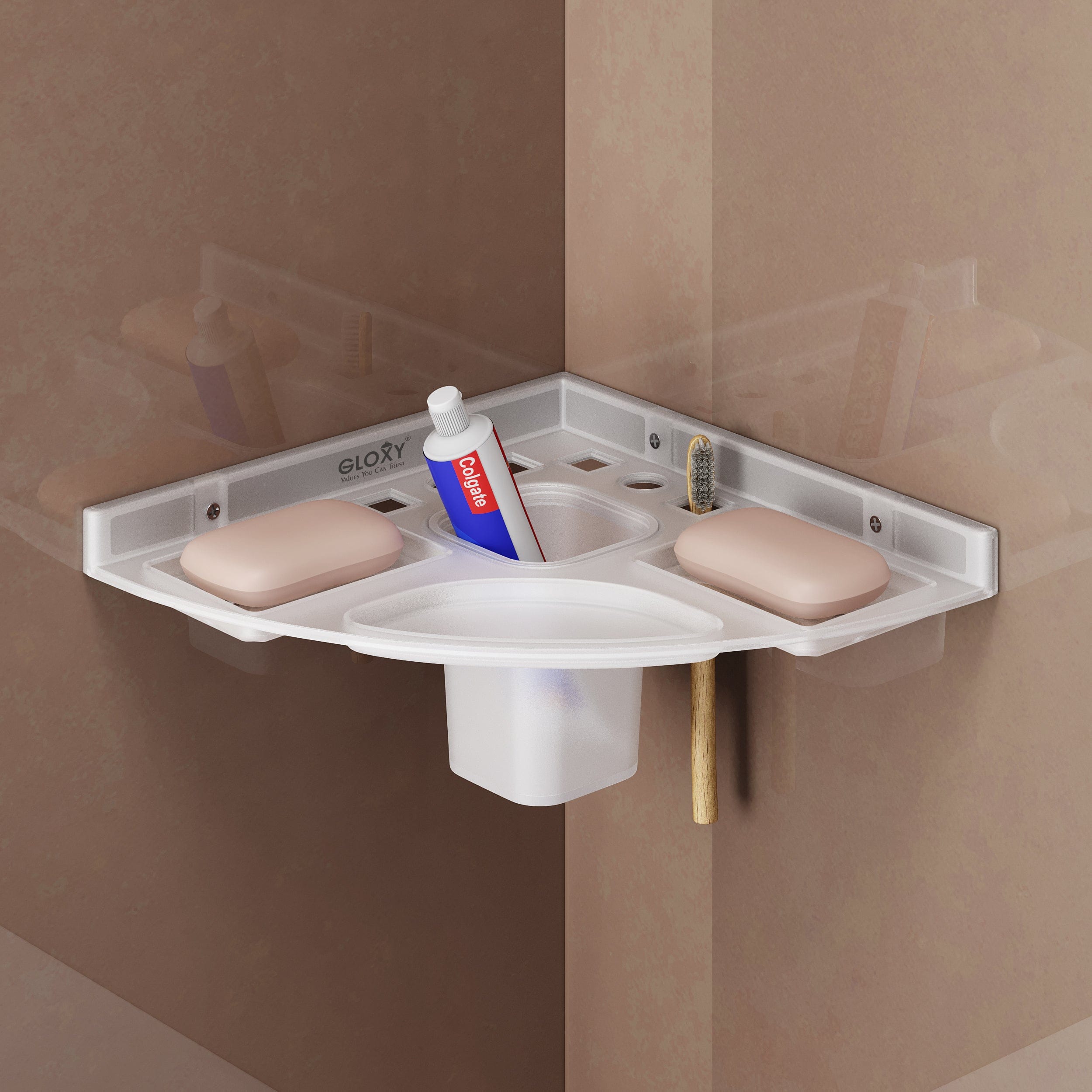 GLOXY® Unbreakable Corner Soap Dish with Toothbrush & Tumbler Holder - Bathroom Accessory.