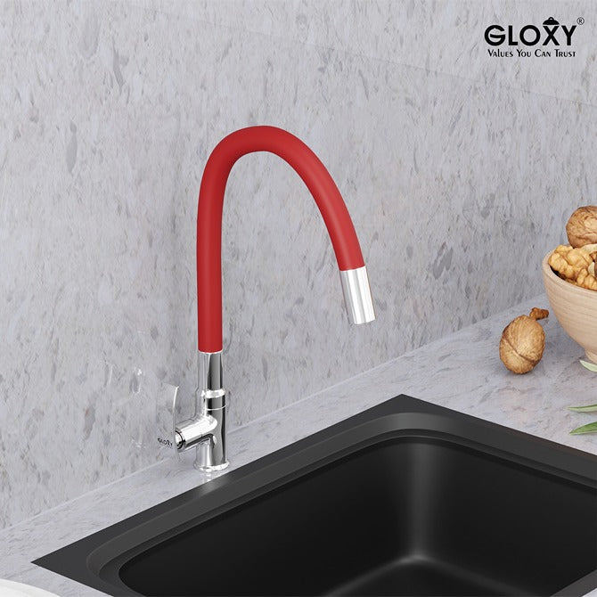 Gloxy Brass Kitchen Faucet with Chrome Finished Leak Proof Touch Lever - Grey 20 Inch Silicon Flexible Spout with Single Flow Water Saving Nozzle for Kitchen - 10 Years Warranty on Spindle Only