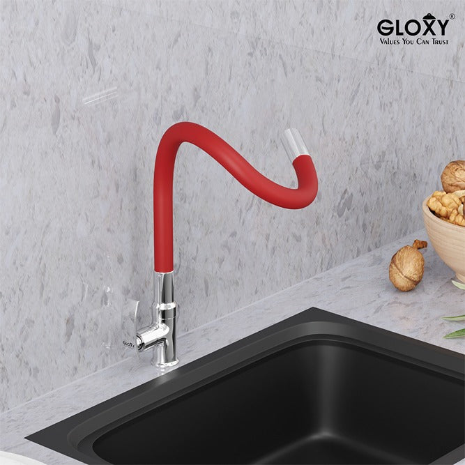 Gloxy Brass Kitchen Faucet with Chrome Finished Leak Proof Touch Lever - Grey 20 Inch Silicon Flexible Spout with Single Flow Water Saving Nozzle for Kitchen - 10 Years Warranty on Spindle Only