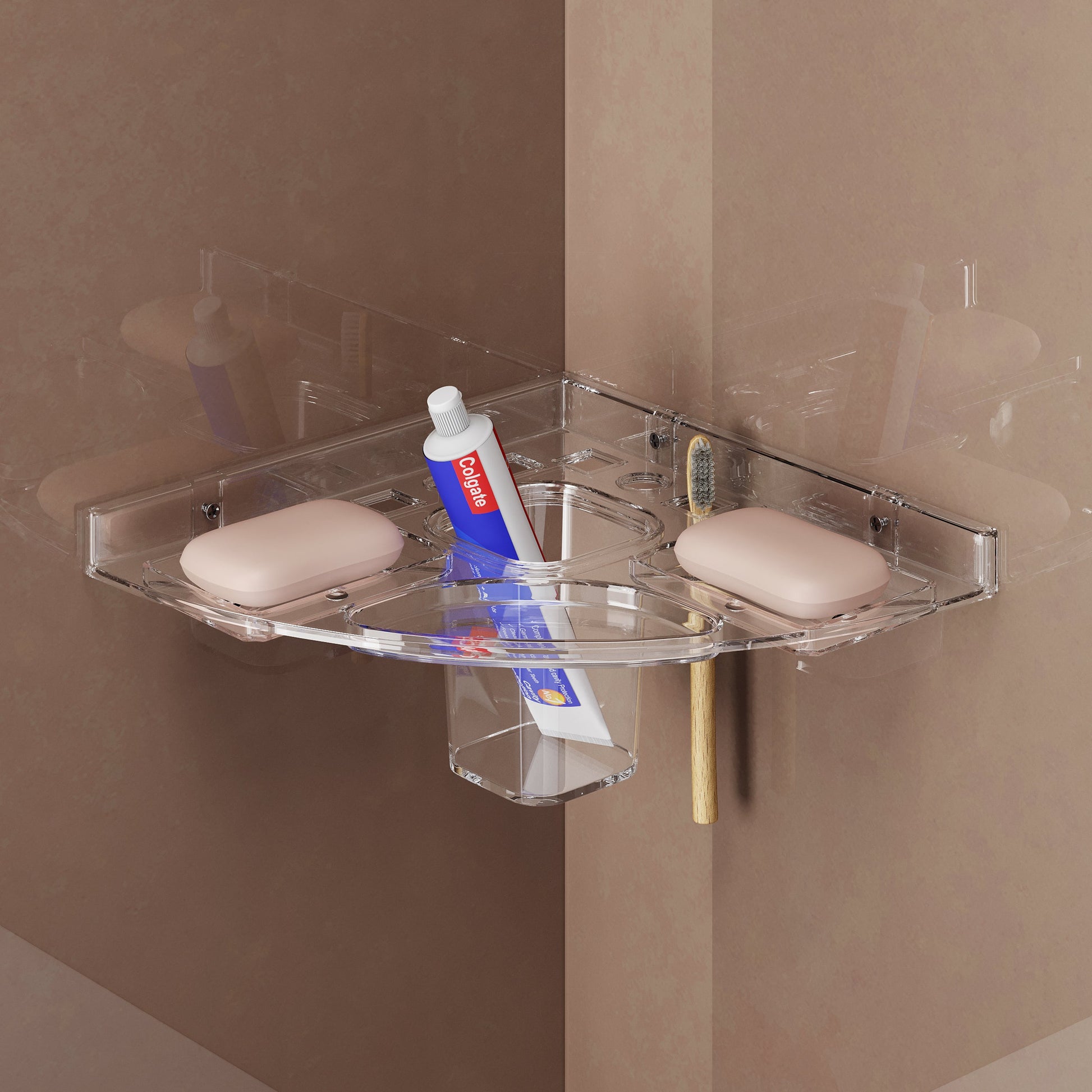 Unbreakable Transparent Wall Mount Acrylic Corner Double Soap Dish with Toothbrush & Tumbler Holder
